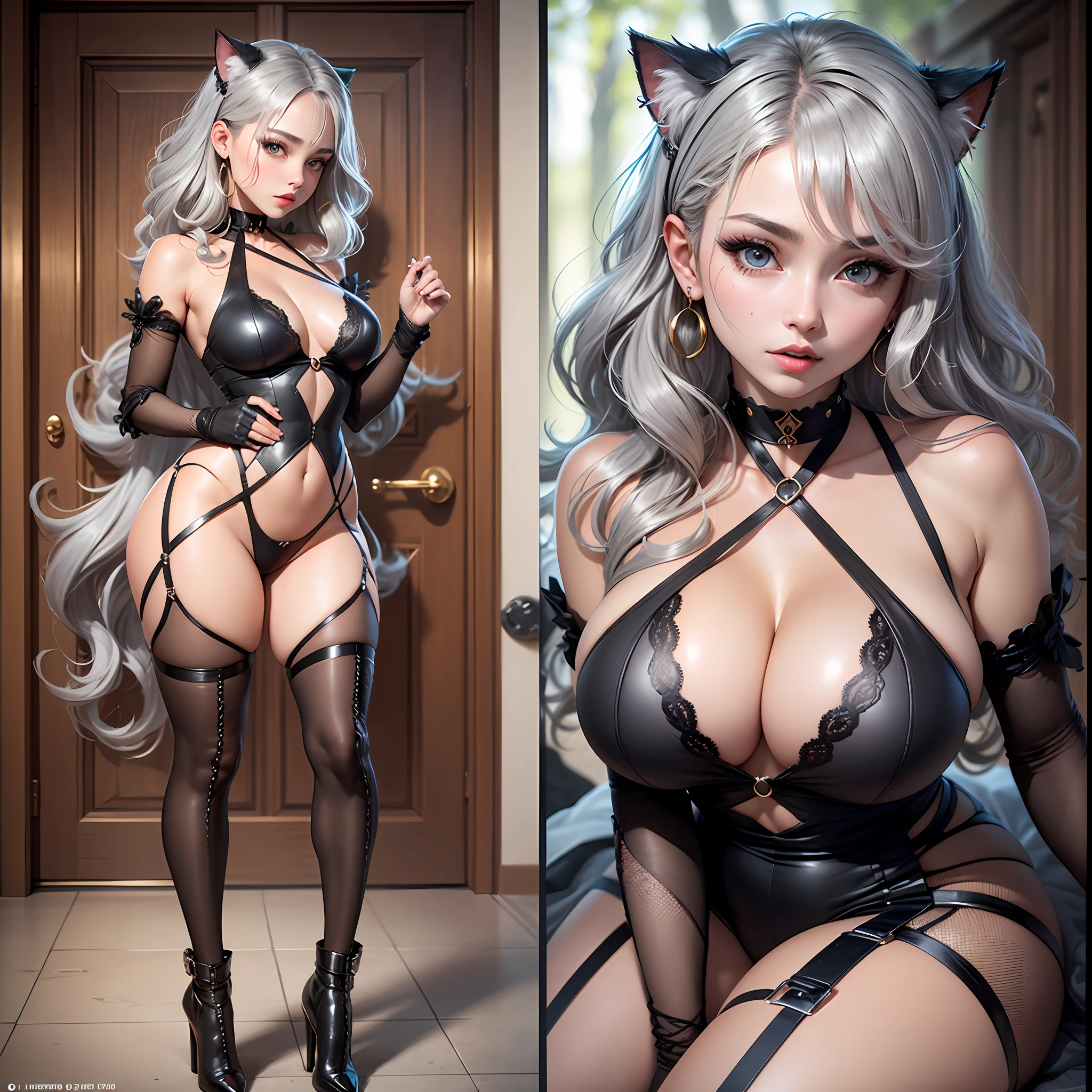 (raw photo: 1.2), (photorealistic: 1.4), high quality, masterpiece, illustration, smooth and cute, high details , CG, octane render, cinematic lighting, wallpaper 8k, amazing, fine details, Magnu opus, official art, extremely detailed CG unit 8k wallpaper absurd, incredibly absurd, huge file size, ultra-detailed, highres, extremely detailed, sexy girl, detailed, extremely detailed eyes and face, beautiful detailed eyes, light on the face, cinematic lighting, outdoor, forest, (bottom: 1.3), (see-door: 1.2), looking at the viewer, 1girl, solo, female, young, golden proportions, (Kpop idol), (shiny skin: 1.2), (oily skin: 1.1), ((wavy gray hair and a sophisticated sense of style)), makeup, (bright eyes: 1.1), (eyelashes: 1.1), (Split lips: 1.1), red lipstick, broad shoulders, (medium-sized breasts: 1.1), (neckline: 1.1), (big ass: 1.2), thighs, ulzzang-6500-v1.1, cat ears, black pants, oversized, (hot pants), (black choker), earrings, high heels, (NSFW: 1.3) --auto --s2