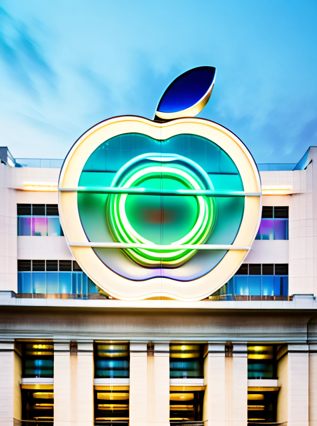 Cartel futurista con el logo de apple en backlight, luz blanca sobre el techo de un edificio en una ciudad de noche, neon, con cables, partes mecanicas, retro, cartel luminoso, noche, realista, fotografico, alto detalle, fotorealista