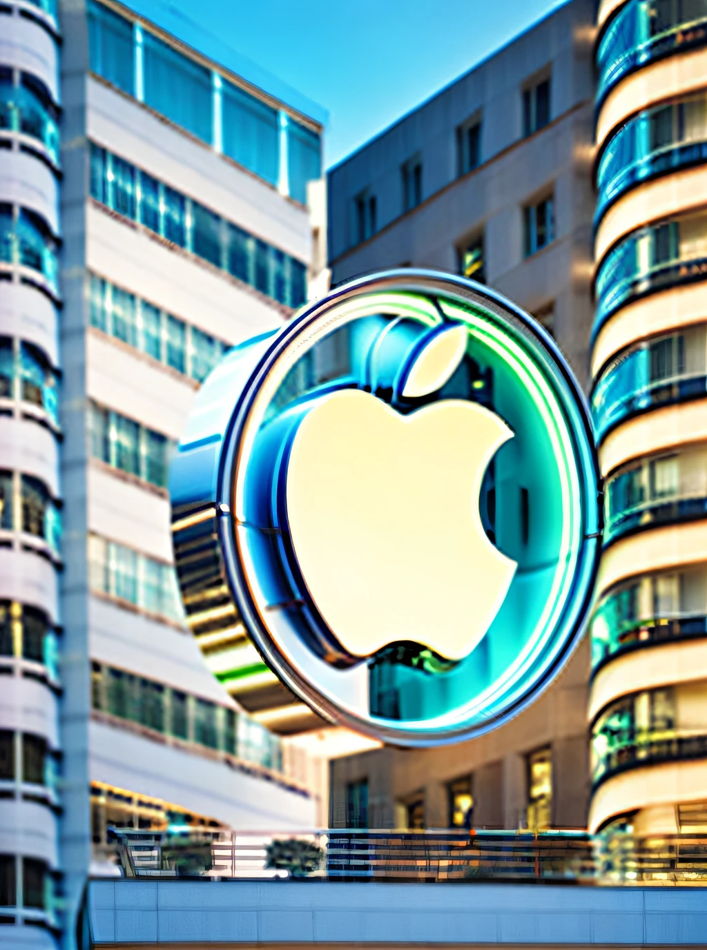 Cartel futurista con el logo de apple en backlight, luz blanca sobre el techo de un edificio en una ciudad de noche, neon, con cables, partes mecanicas, retro, cartel luminoso, noche, realista, fotografico, alto detalle, fotorealista