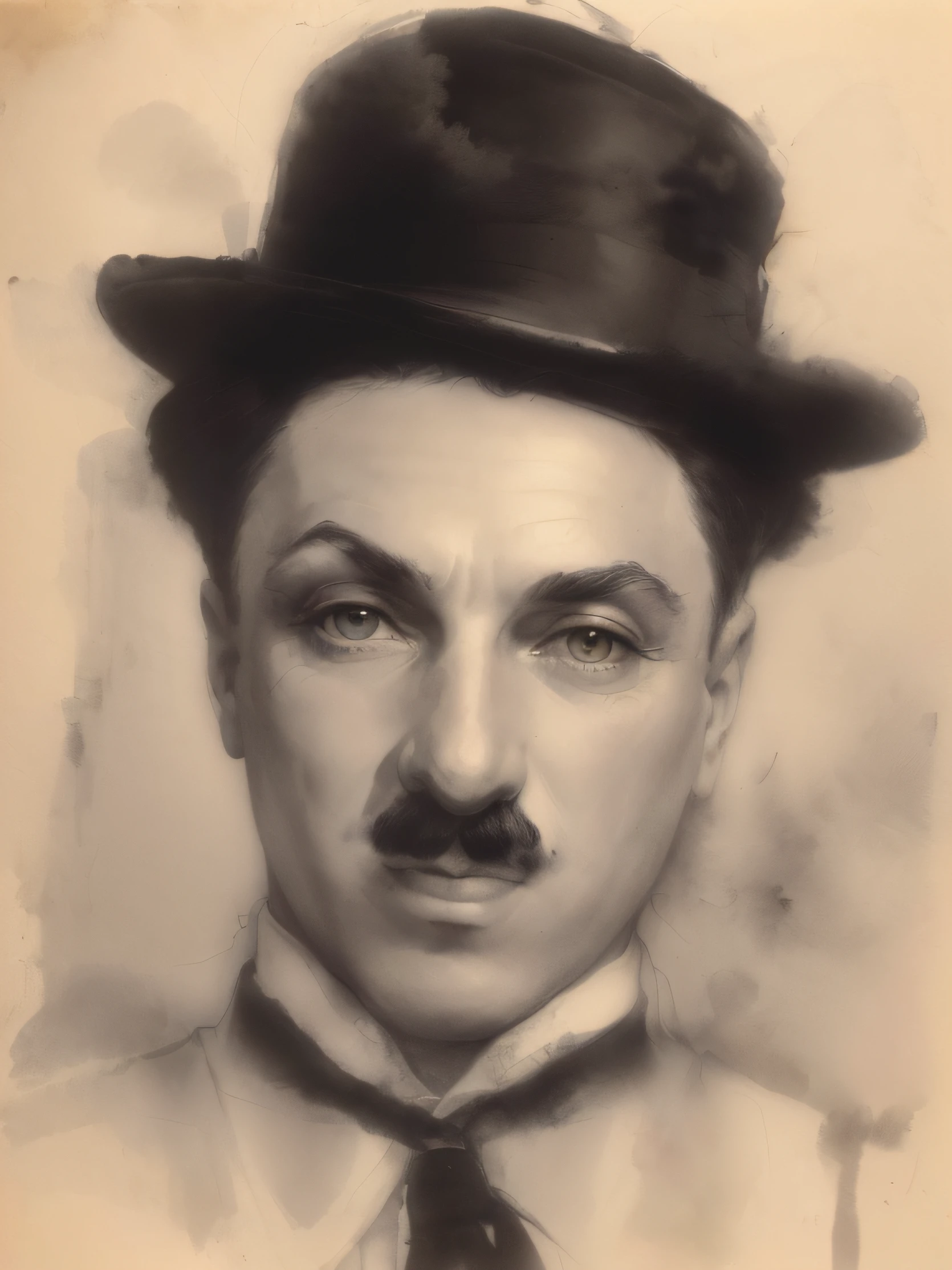 Pintura aquarelada ,Drawing of a man with hat and tie, inspirado em Charles Chaplin, inspired by Adolf Fényes, inspirado por Christian Rohlfs, inspirado em Emil Bisttram, inspired by Adolf Schrödter, inspired by Otto Frölicher, inspired by Oskar Lüthy, inspirado em Adolf Born