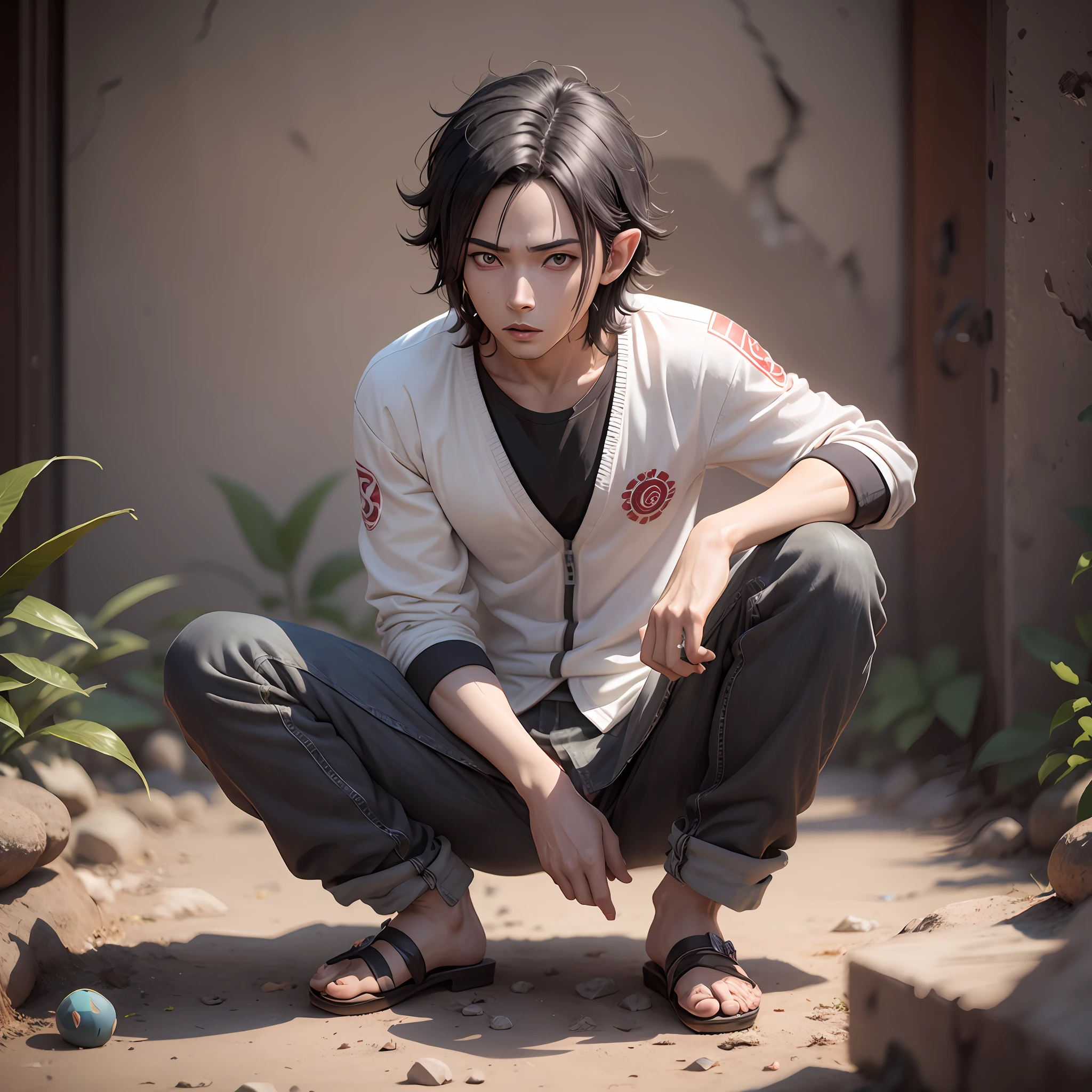sasuke uchiha, naruto shippuden, menino masculino, cabelo requintado, sapatos requintados, representation of the eyes, olhos vermelhos, cabelo requintado, Elvish style, caixa cega popmart, textura de argila, pisando na terra, fundo preto e branco, natural lightting, a maioria de boa qualidade, super detalhe, Arte 3D, c4d, renderizador OC, 3D-rendering, 8k