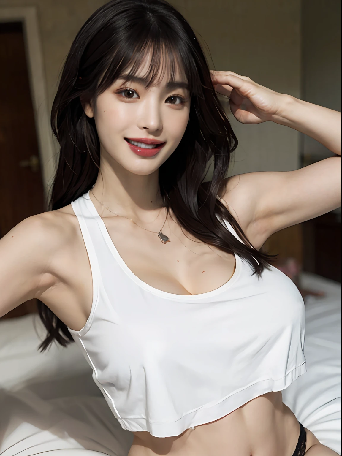 (A hyper-realistic), (illustratio), (hight resolution), (8K), (ighly detailed), (The best illustrations), (beatiful detailed eyes), (top-quality), (ultra-detailliert), (​masterpiece), (wall-paper), (详细的脸), a bed、Upper body close-up,Armpit, A smile,Plump,独奏,Girl in white tank top with open ?????, japanes, large full ???????, (camel's toe)、huge-breasted、Detailed, well-groomed white teeth、Ultimate Beauty、shot on the Canon EOS R 6、full of sweat、(beautiful detailed teeth)、Silver necklace、Park with sunshine、Perfect and beautiful female hands、Perfect tooth alignment、Perfect fingers、Navel dashi、Mansuji、Beautiful ????、mekosji、???? panties、