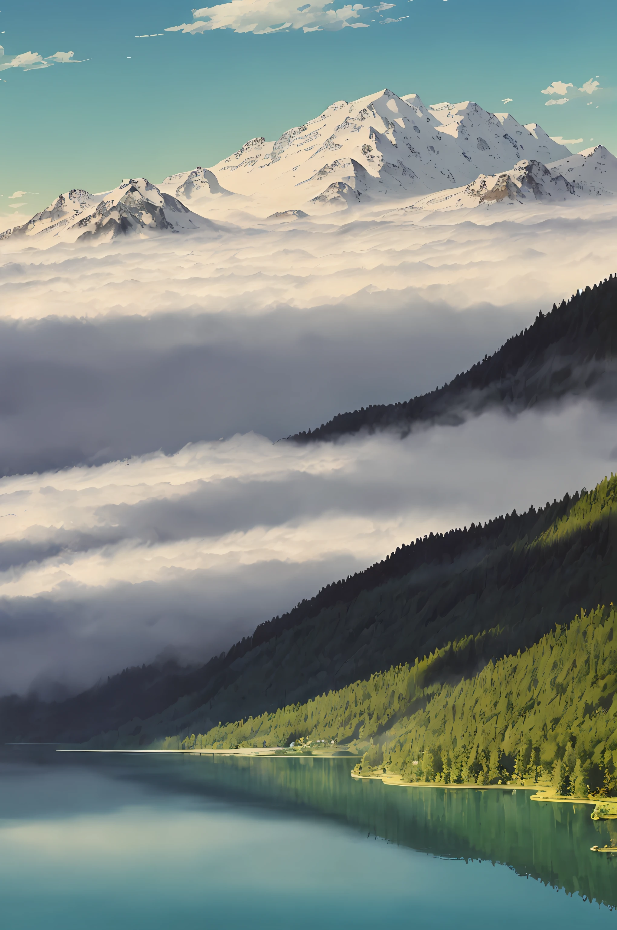 lake besides a snowy mountain in far distance