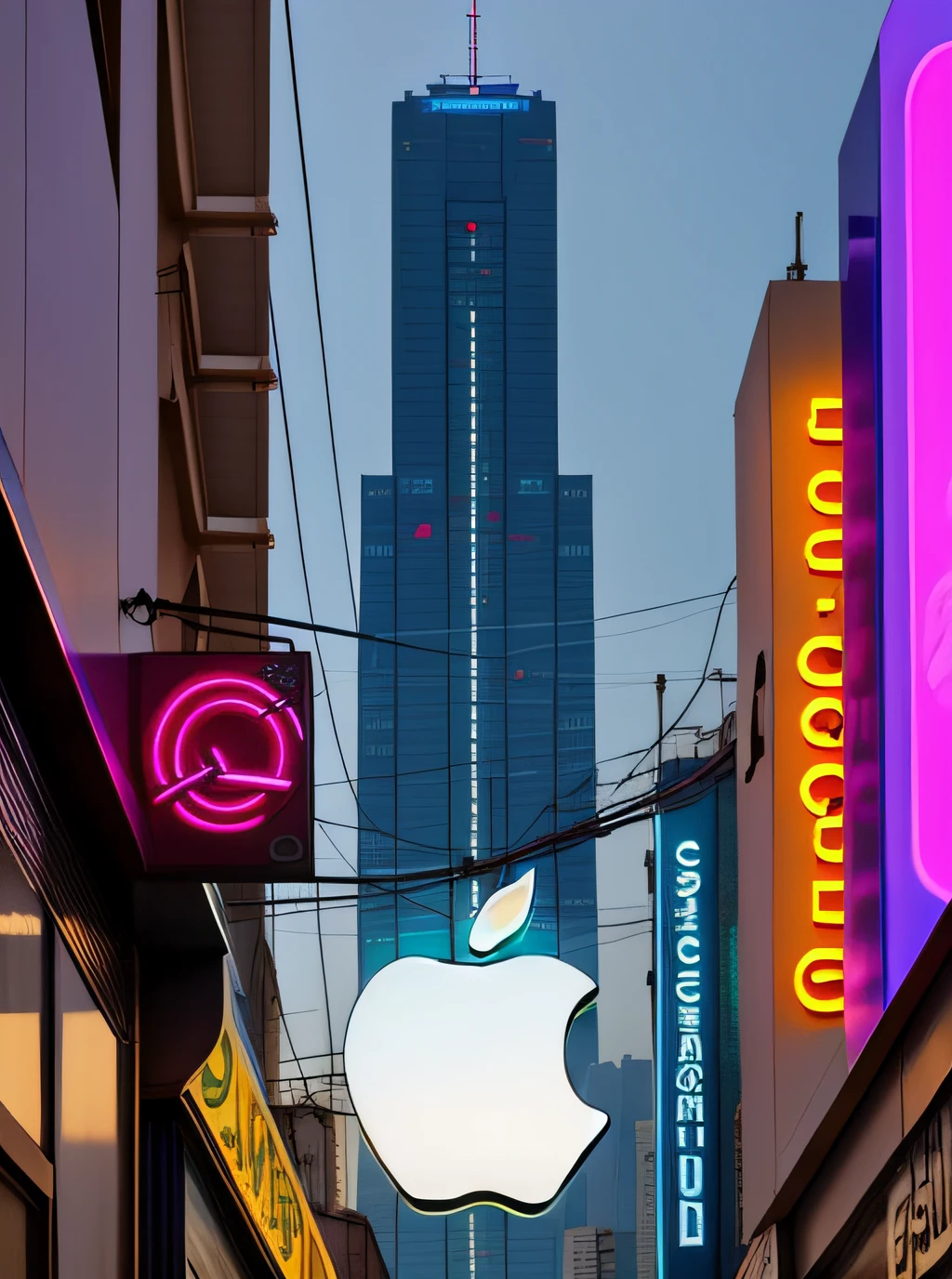 Cartel futurista con el logo de apple en backlight, luz blanca en una calle de una ciudad de noche, neon, en estilo steampunk, con cables, partes mecanicas, retro, cartel luminoso, noche, realista, fotografico, alto detalle, fotorealista