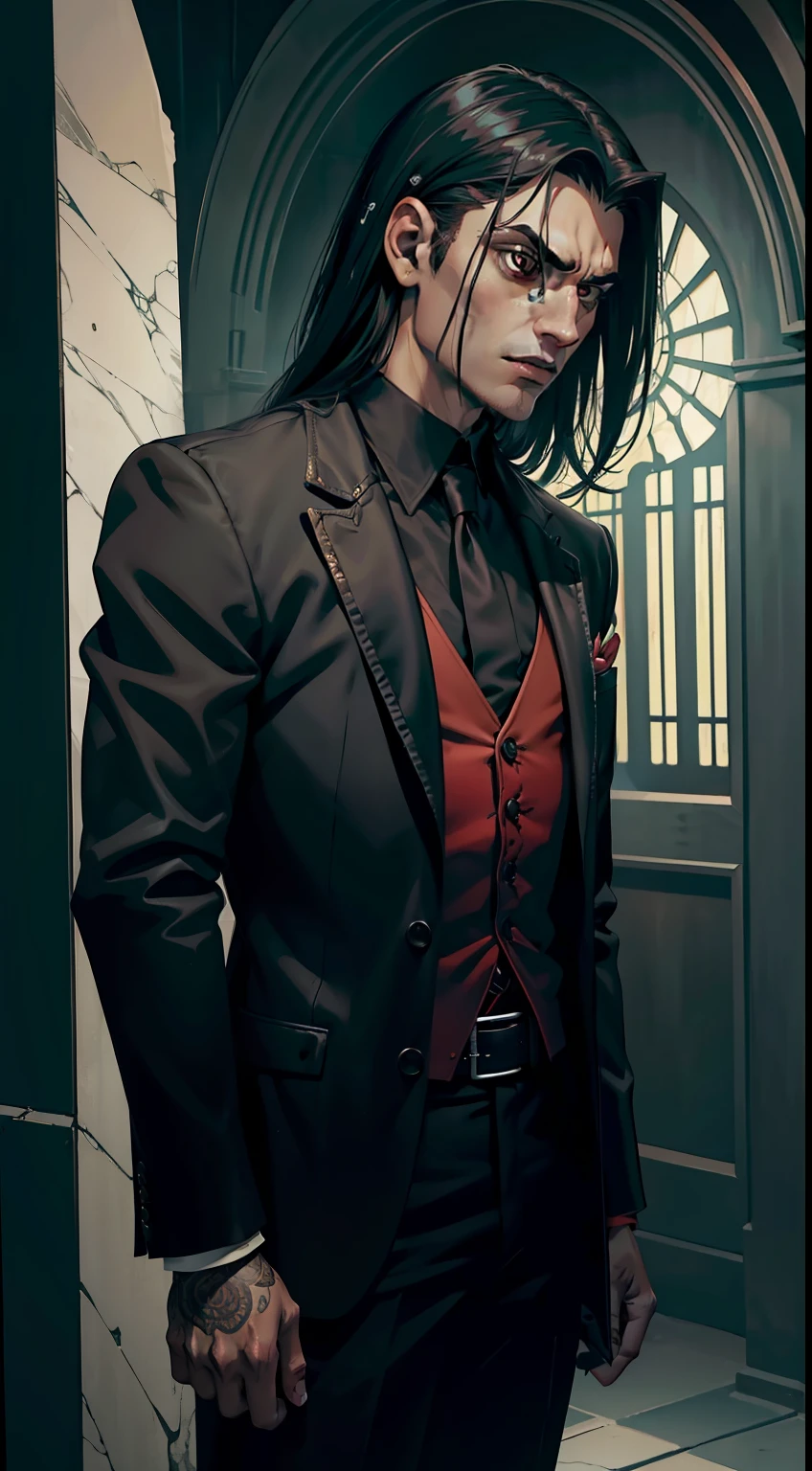 (papel de parede 8k extremamente detalhado obra-prima), Tema muito escuro, Vampire the Masquerade, terror moderno, horror moderno, current season, anos 2020, man asian, mafioso ((Vampiro Hecata)), vestindo terno chique, elegante, foco nítido, (subsurface scatter:1.1), fotografia premiada, rosto centralizado, tiro de meio corpo frente:1.1, cabelo preto com gel, olhos pretos, Indifferent expression, inside mausoleum holding dagger, lighting dramatic