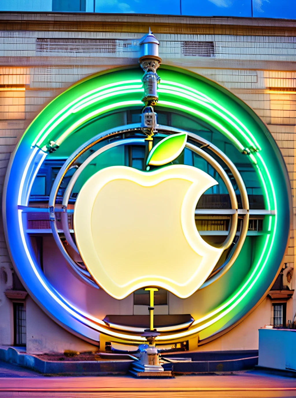 Cartel futurista con el logo de apple en backlight, luz blanca en una calle de una ciudad de noche, neon, en estilo steampunk, con cables, partes mecanicas, retro, cartel luminoso, noche, realista, fotografico, alto detalle, fotorealista