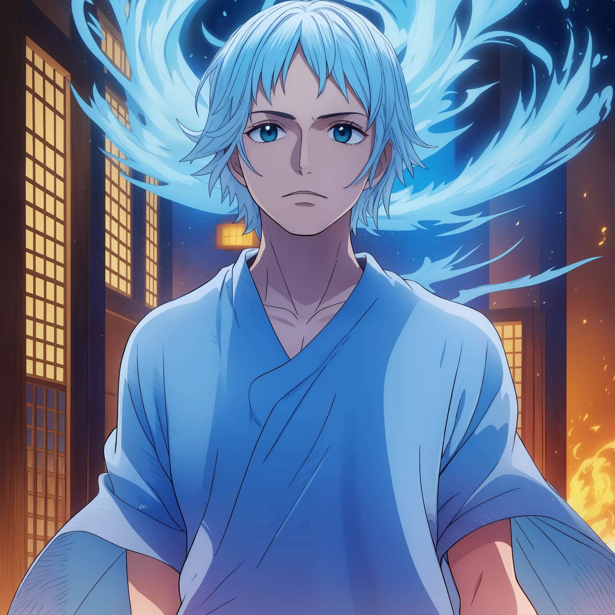 adolescente, homem,15 anos ,branco ,cabelo azul ,perfect lighting, detalhes em fogo azul no fundo dele relacionado a fruta fenix, detales no fundo ,fogo azul ,fogo azul,homem,fogo azul