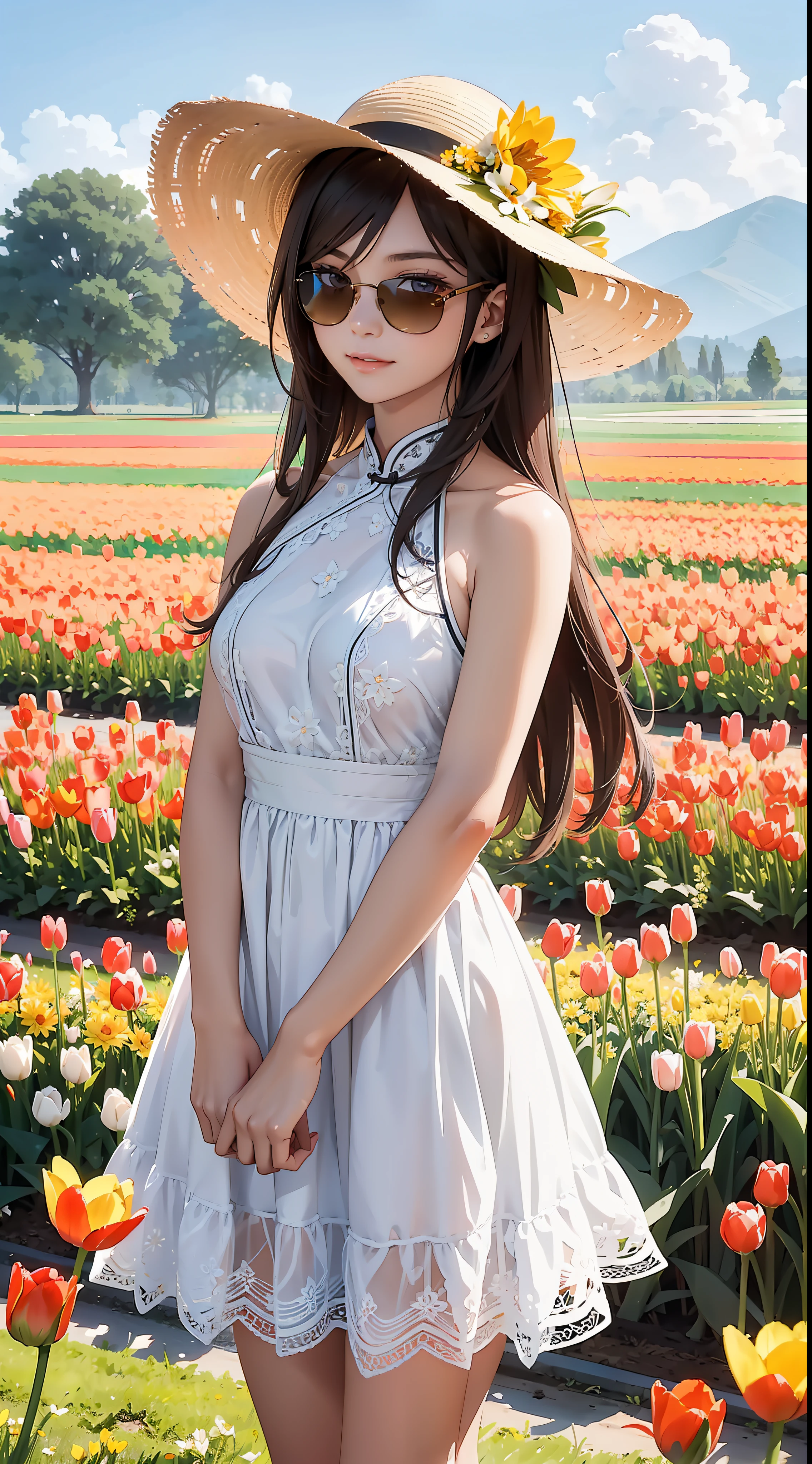 there is a pretty chinese woman standing in a field of tulips with a sun hat on and wearing sunglasses and wearing white halter dress, long wavy brown hair, wearing sunglasses, tall and slim, beautiful, subtle smile, standing in tulips field, standing in a flower field, woman standing in tulips field, girl standing in a flower field, standing in a field with flowers, girl in a flower field, with flower fields as foreground, in a field of flowers, flower fields, girl standing in flower field