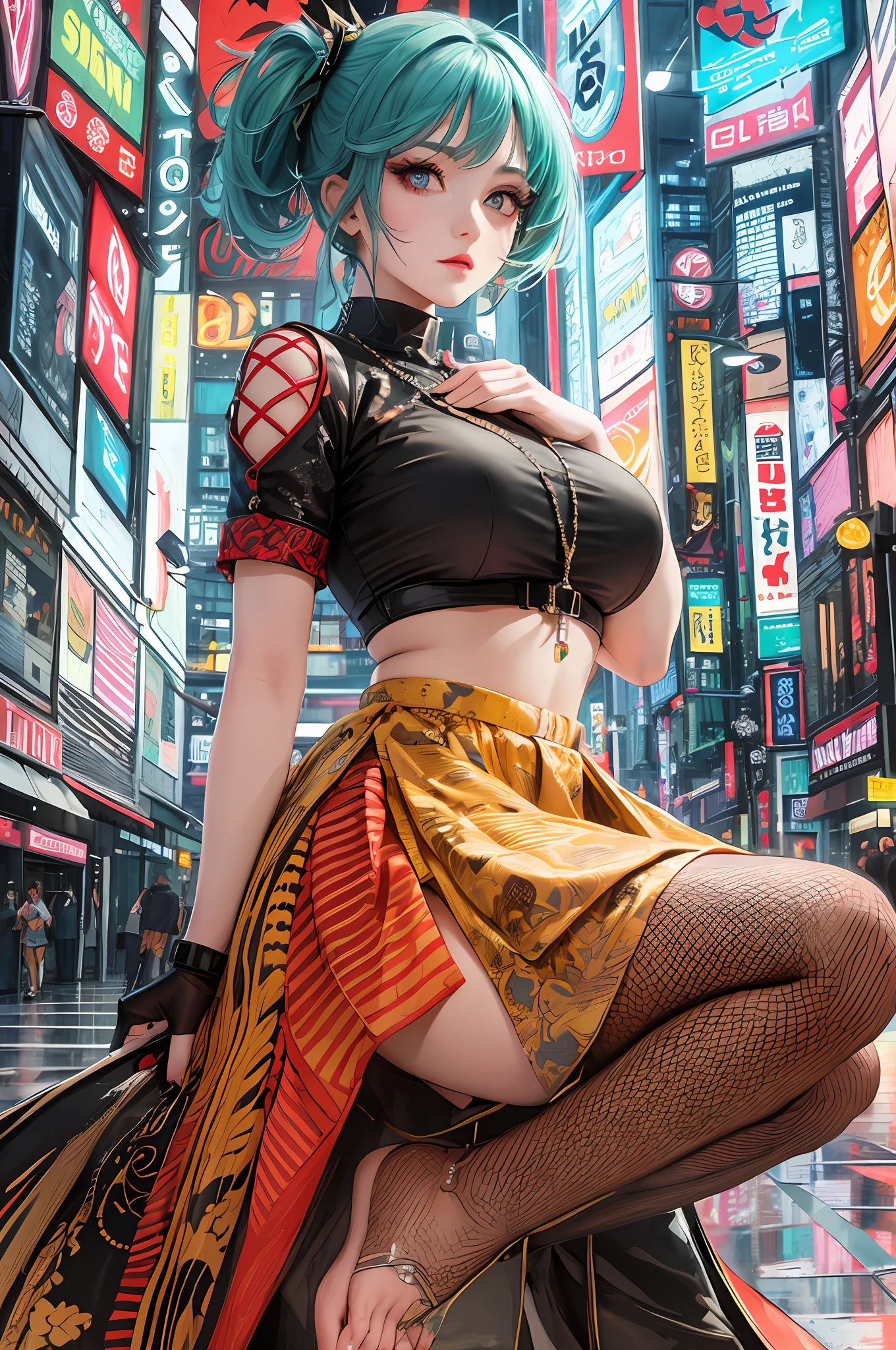 masterpiece, best quality, full body, 1girl, looking at viewer, Confident girl with sassy expression, Harajuku-inspired pop outfit, bold colors and patterns, eye-catching accessories, trendy and innovative hairstyle, vibrant makeup, futuristic and dazzling cyberpunk cityscape, skyscrapers, neon signs, LED lights, bright and vivid color scheme, anime, illustration, detailed skin texture, detailed cloth texture, beautiful detailed face, intricate details, ultra detailed.