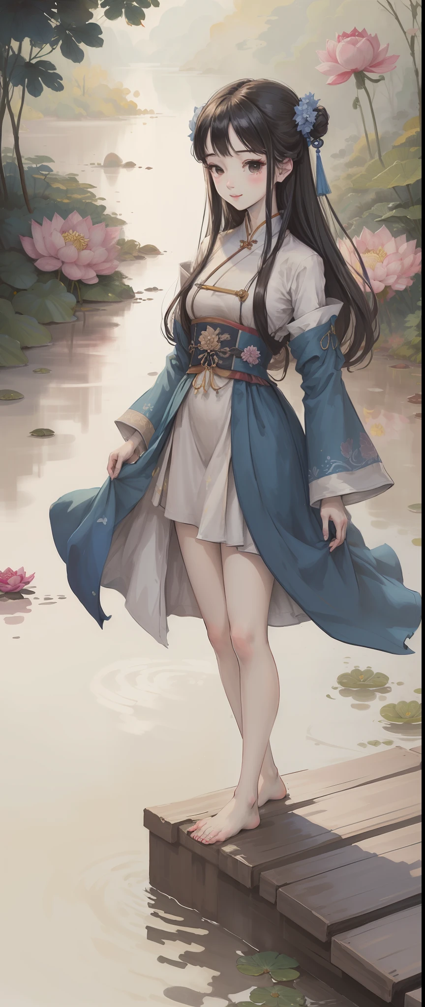 ((4K,Masterpiece,Best quality)), shuimobysim, Traditional Chinese painting, lotus flower, Hanfu, maxikit, Dress conservatively 1girl, Solo, Blue long hair, ssmile, standing on your feet, feet in water, The barefoot,
