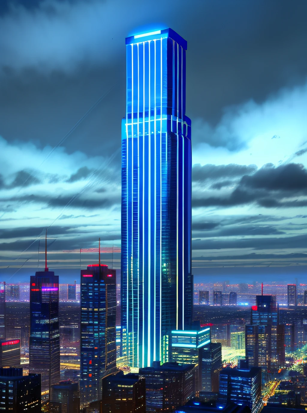 edificio futurista con el logo gigante de apple en backlight, ciudad futurista con antenas y luces nocturna , rascacielos en estilo art deco, neon, en estilo steampunk, con cables, partes mecanicas, retro, cartel luminoso, noche, realista, fotografico, alto detalle, fotorealista, cielo con nubes corporeas, noche, niebla, Hugh Ferris