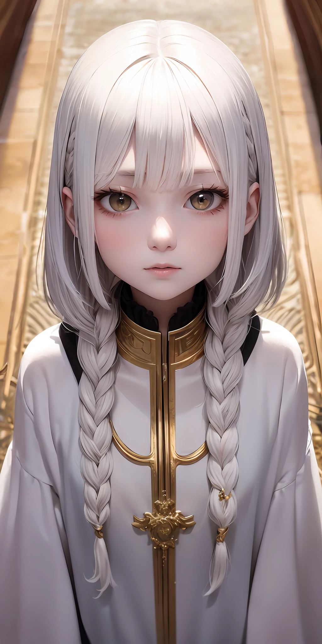 best quality, masterpiece,white hair, gold eyes,white clothes, looking up, upper body,hair strand,Fair skin,side braids