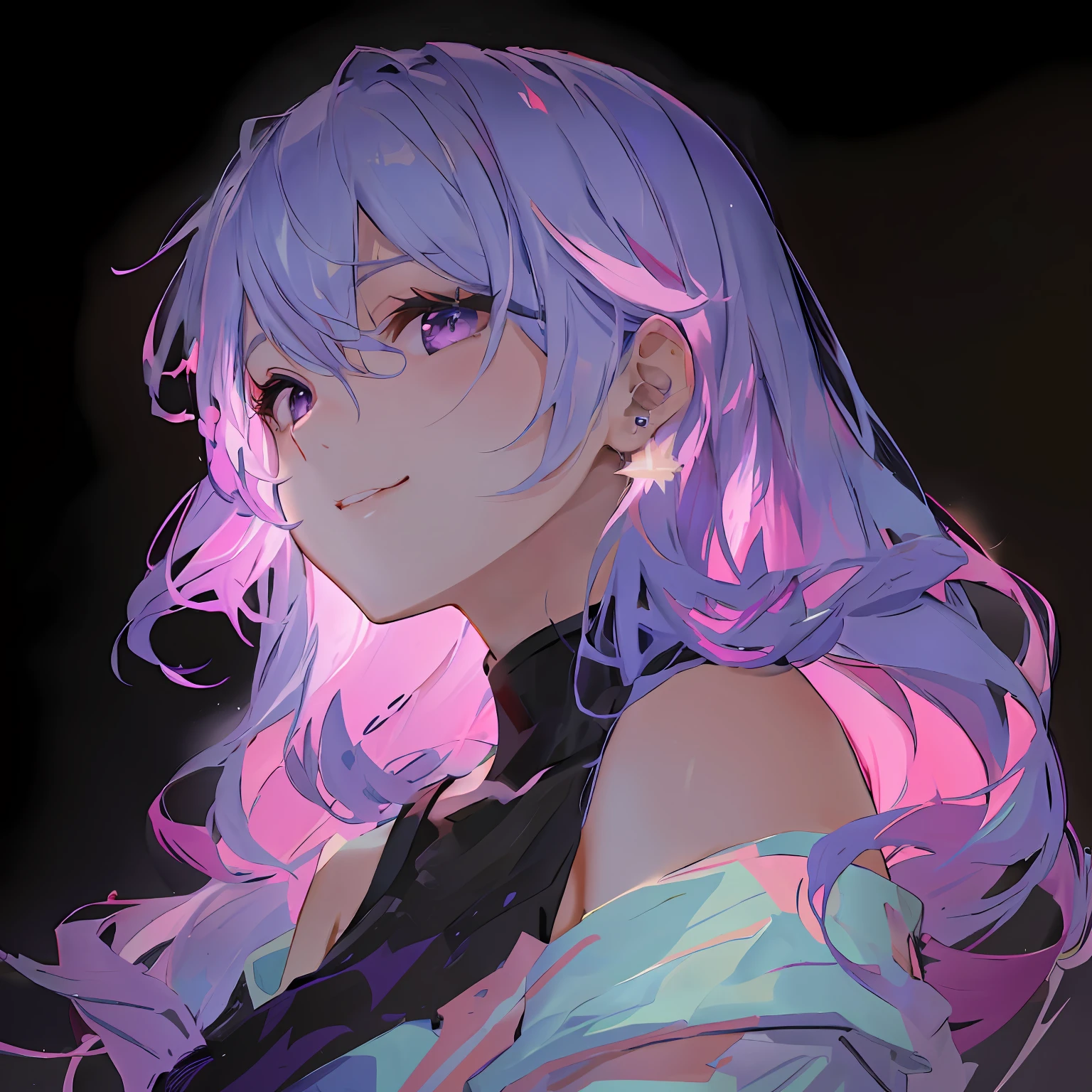 estilo anime, estilo dos desenhos animados, 8K Artgerm Bokeh, cinematic pastel lighting, arte digital, estilo anime, Cara Sexy, Hard disk, linha fina, boca fechada, rosto perfeito, black dash, sorridente, cabelo roxo, Purple eyes, cabelo violeta, hand with two fingers raised