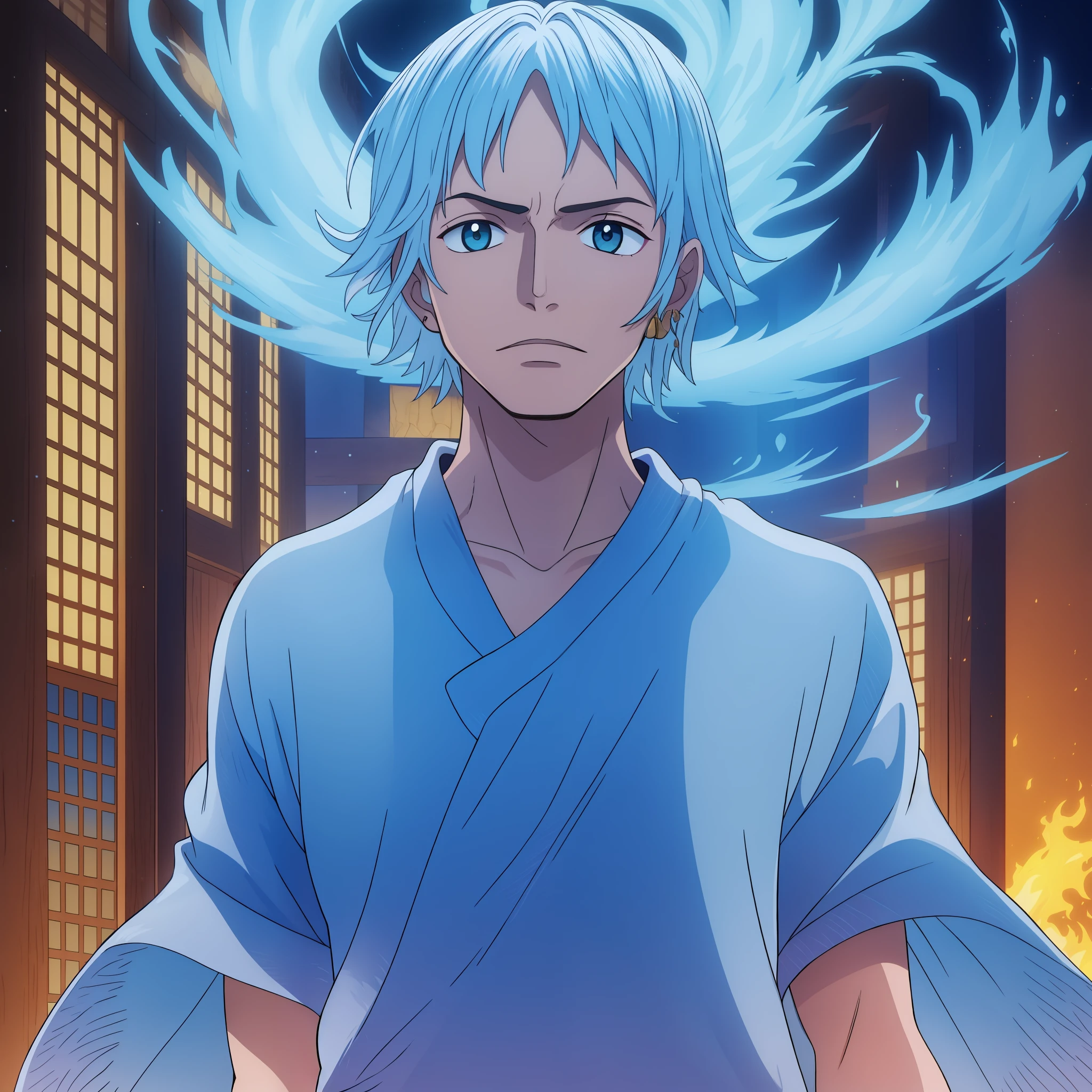 adolescente, homem,15 anos ,branco ,cabelo azul ,perfect  lighting, detalhes em fogo azul no fundo dele relacionado a fruta fenix, detales no fundo ,fogo azul ,fogo azul,homem,fogo azul,three gold bricbles in the right ear
