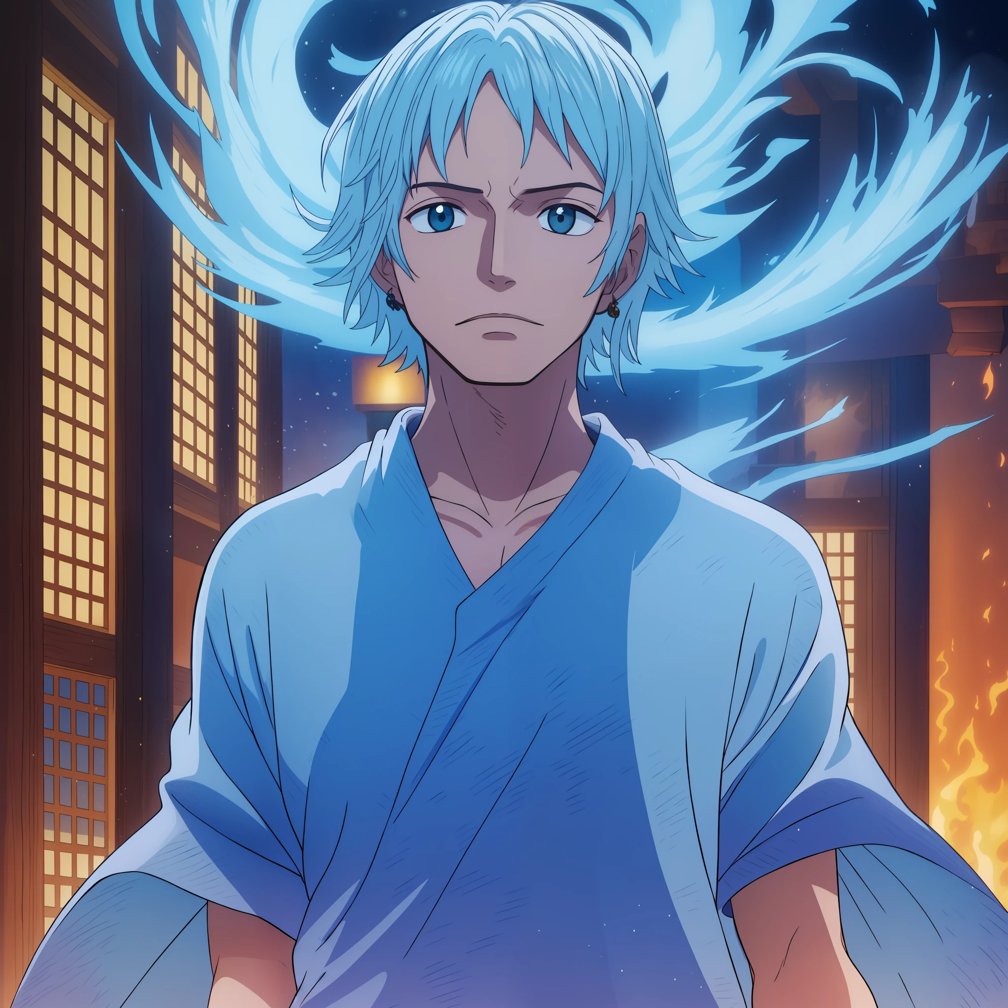 adolescente, homem,15 anos ,branco ,cabelo azul ,perfect  lighting, detalhes em fogo azul no fundo dele relacionado a fruta fenix, detales no fundo ,fogo azul ,fogo azul,homem,fogo azul,three gold bricbles in the right ear