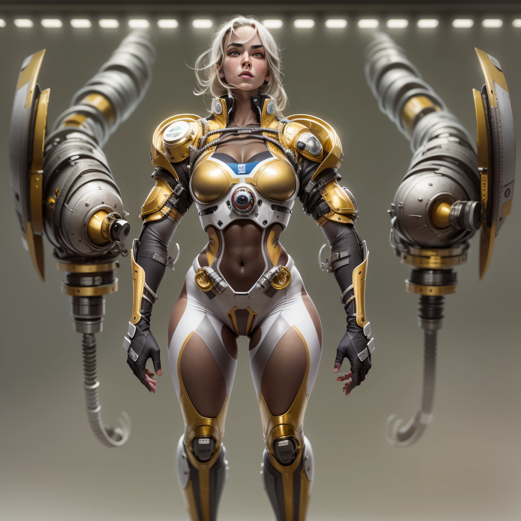 mujer atletica y voluptuosa con uniforme a lascas de metal plata , oro y bronce con grandes ojos y piernas musculadas, cuenrpo entero, se encuentra en centro de control de nave espacial, con maquinarias , tubos, cables y tecnologia.