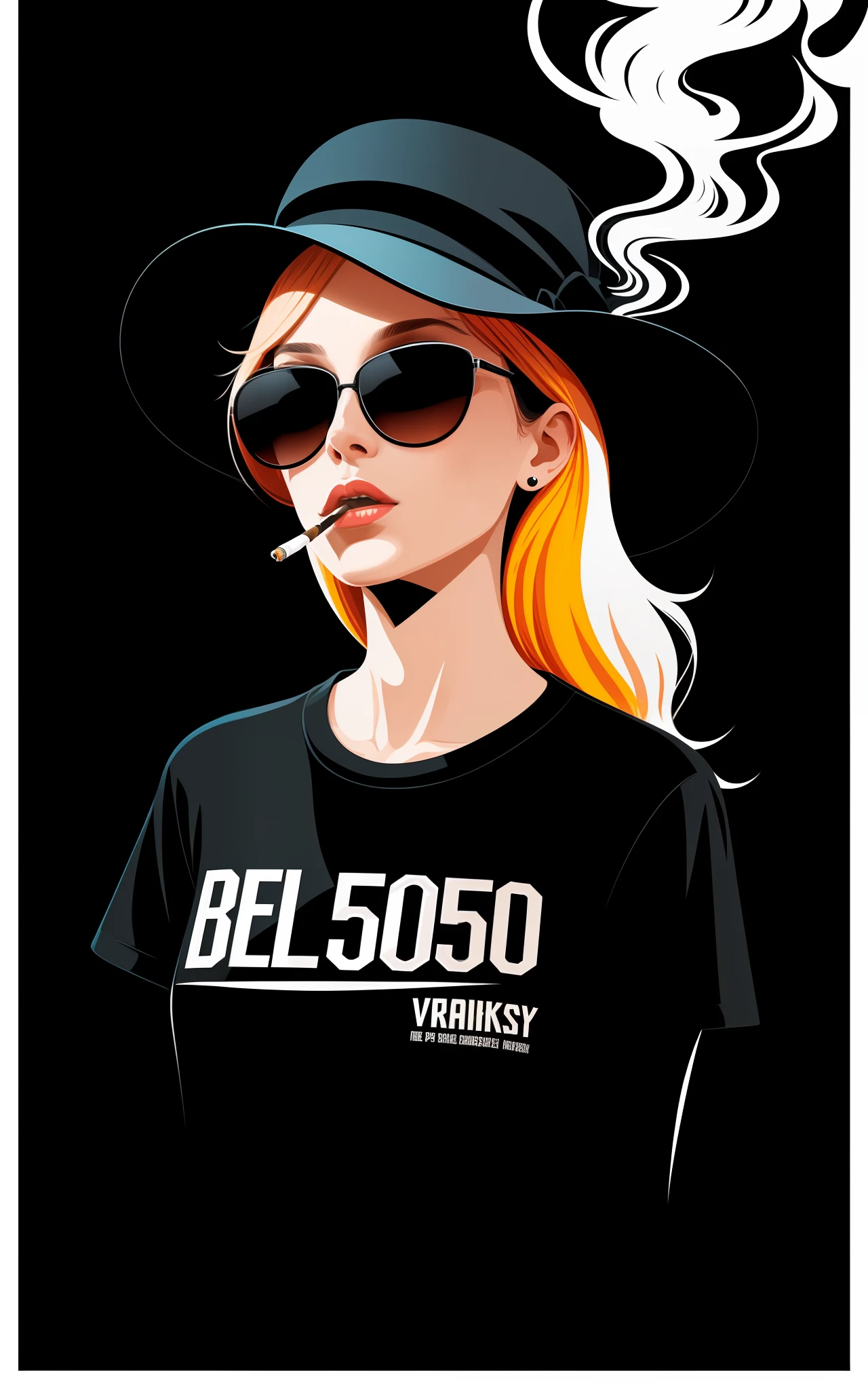 graphic design t shirt, front shot of fullbody of a woman 50 years old, long whites hairs, wearing a black hat, sunglasses, smoking a cigarett, femme fatale, fantasy, vector art, flat design, Ultra high details. colorful tones, highly detailed clean, vector image, professional photography, smoke explosion, simple background, flat black background , shiny vector ((black background))