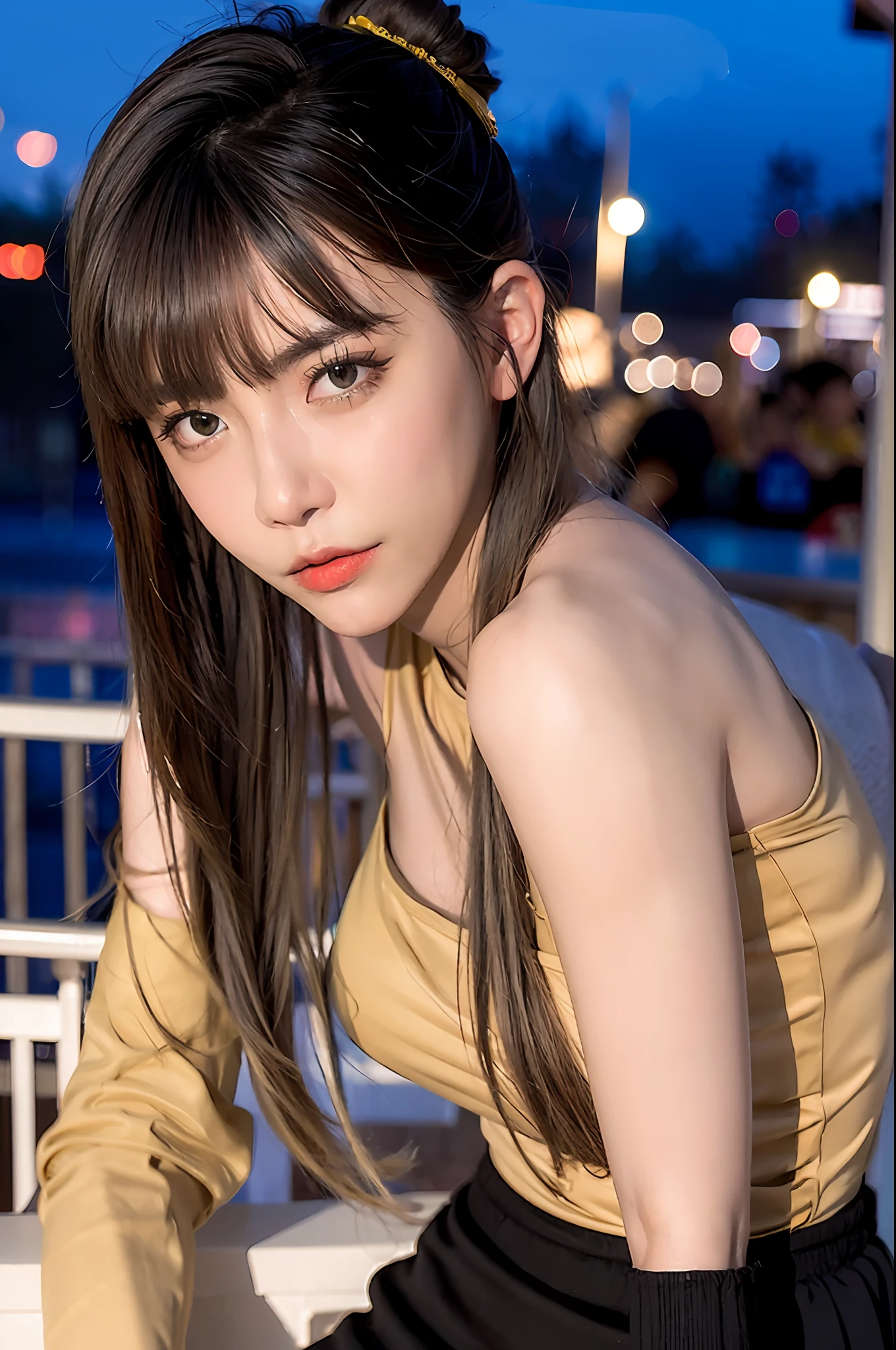 18-year-old schoolgirl,On the balcony,nighttime scene,lamplight,Buildings,(Wearing a yellow cheongsam),short skirt,Open navel,Delicate and beautiful girl,Exquisite facial features,Portrait from afar,8K quality,extreme hight detail,Detail portrayal,Long hair with a high ponytail,Cute hair to the shoulders,Flowing hair,Black color hair,rosto magro,A looming figure,Perfect bust shape,Round chest,Perfectly proportioned body,waist-to-hip ratio,slim toned body,hentail realism,超高分辨率,Works of masters,Authentic texture,Cinematic lighting realism,Exquisite and perfect facial features,The lips are shiny and tender,((Pure erotic makeup)),Pure girl,The beginning of the sinus,is shy,Be red in the face,Shy,Innocent expression,Facing the viewer
