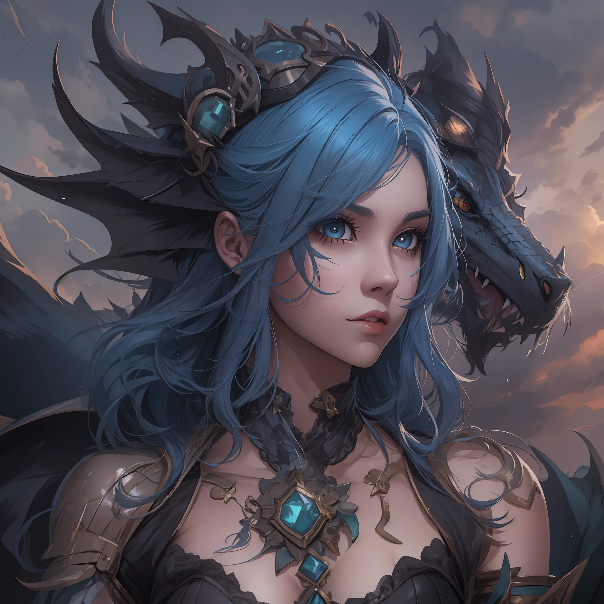(master part: 1.2), (melhor qualidade: 1.2), 4k, olhos perfeitos, rosto perfeito, perfect lighting, cabelos longos, cabelo azul turquesa, a girl, Emo em um campo de batalha, corpo magro e forte, Roupa de armadura preta, faixa preta, tom de pele claro, cabelo estilo emo, Glamouroso, Vestido steampunk elegante, Cicatrizes, fantasia, detailed cenary, Realistic, dragon in the sky, medium breasts,