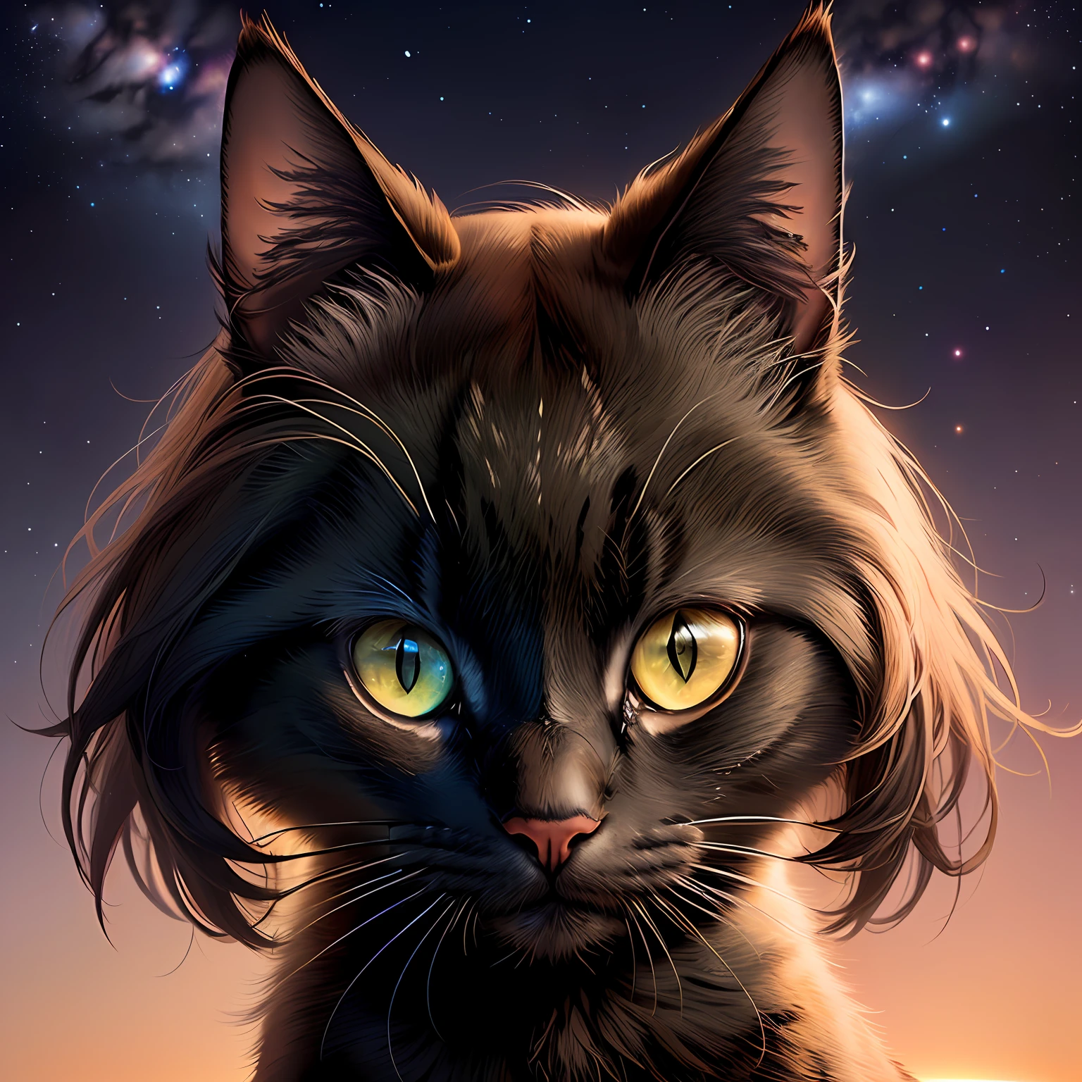 Black cat with green eyes and friendly features amid celestial bodies, ambiente celestial, estrelas, ethereal