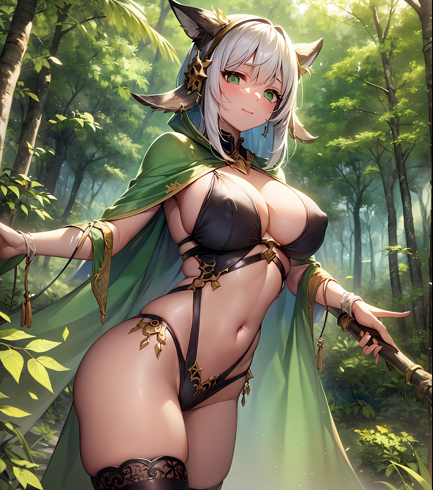 fantasy, 1forest_elemental_girl,, tiny,(dark_skin)0.9, (using_leaves_clothes, green_leaves_covered_breasts, leaves_covered_pussy,covered_nipples)+++,(gigantic_heavy_tits:1.1), walking, (smile, sleepy)+, medium_hair, navel oil, (winding_vine_around_torso)++, forest_background, leaves_headgear, green_leaves_cape, spread_arms, large_staff, leaves_thighhighs, big_ass,solo,(pelvic_curtain:0.9), tabard,