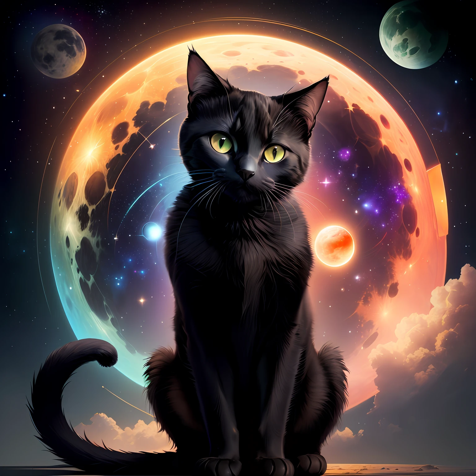 Black cat with green eyes and friendly features amid celestial bodies, ambiente celestial, estrelas, ethereal