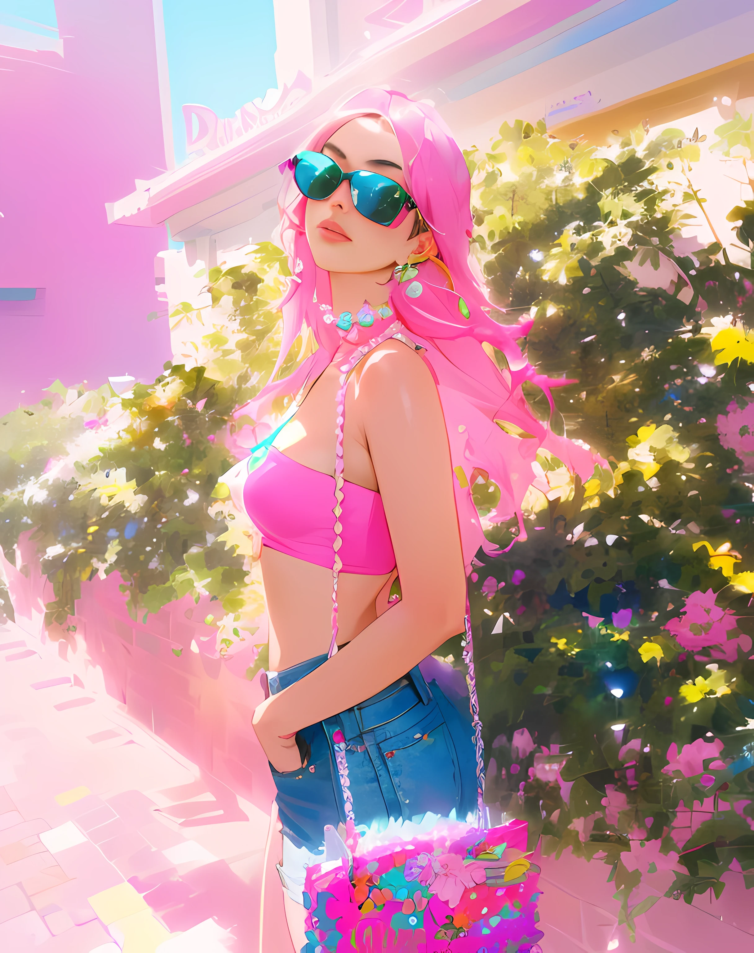 Una mujer con un top rosa y jeans sosteniendo un bolso rosa, Cerveza Madison, Top halter rosa intenso, Violeta Myers, :: Cerveza Madison, Dua Lipa, Llevar un sexy top recortado, Top halter rosa, Charli Bowater, Charli XCX, Justicia Victoria, Kailee Mandel, con gafas de sol, wearing pearl neon bikini, con gafas de sol