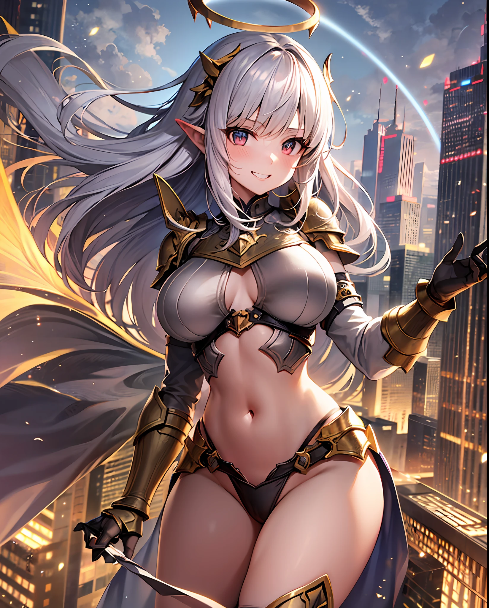 fantasy, 1angel_girl,child, loli,brown_hair, medium_bob_hair, long_bangs, halo,bare_shoulder,thighhighs,silver_armor, waist_armor, large_breasts,grinning,teeth, 1pair_wings, dynamic_pose_fighting,floating, bare_crotch, headgear,gauntlet, greaves,city_sky_background,slightly_spread_legs, solo, groin_naked
