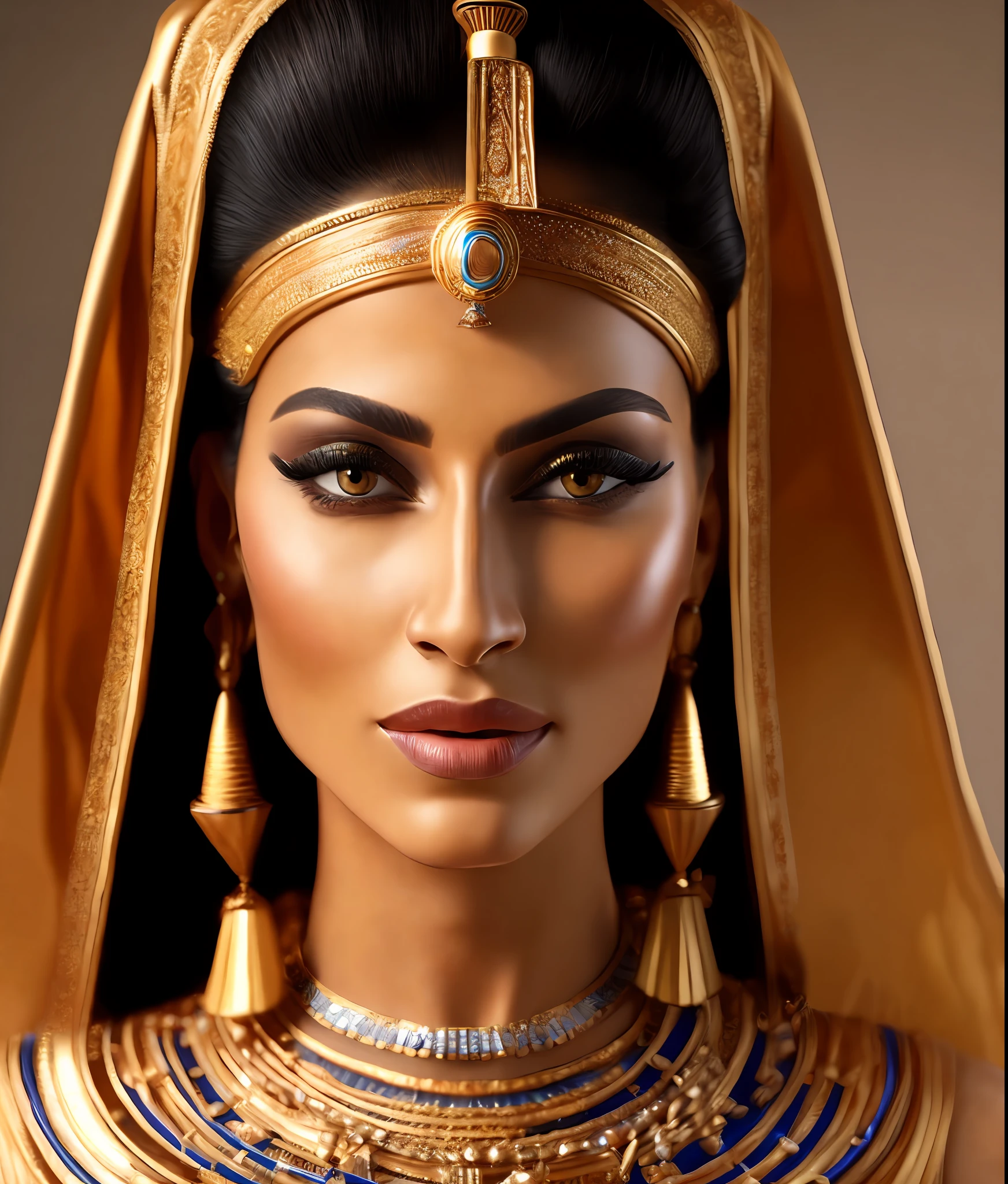 A realistic detail of a beautiful Egyptian female model wearing an Egyptian pharaoh goddess costume, Egyptian royal clothing, Mid-range portrait, altamente detalhado, foco nítido, obra-prima, encomendado, (Professional hands), anatomia profissional, cor corrigida, editado no post, (estilo redshift, classicnegative:1.2)