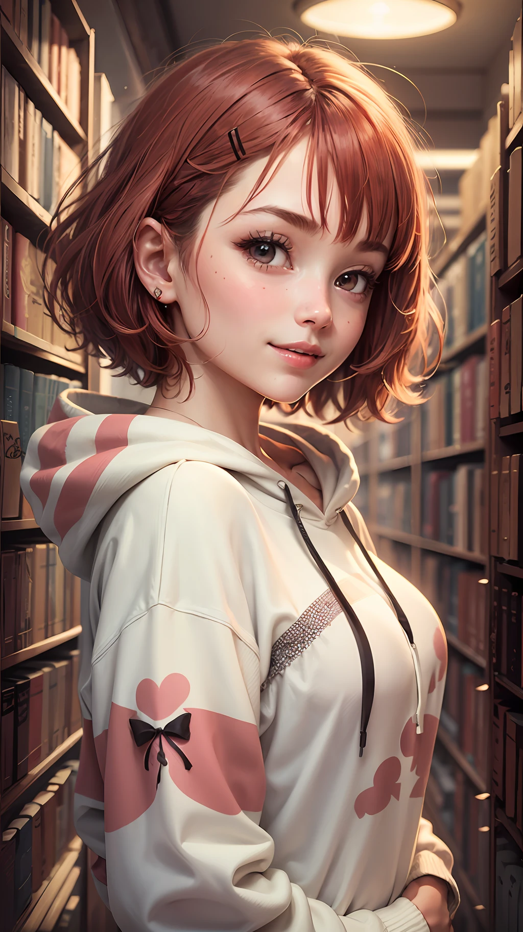 1girl, cherry hair, short hair, cherry eyes, happy, cherry hoodie, standing, library, upper body