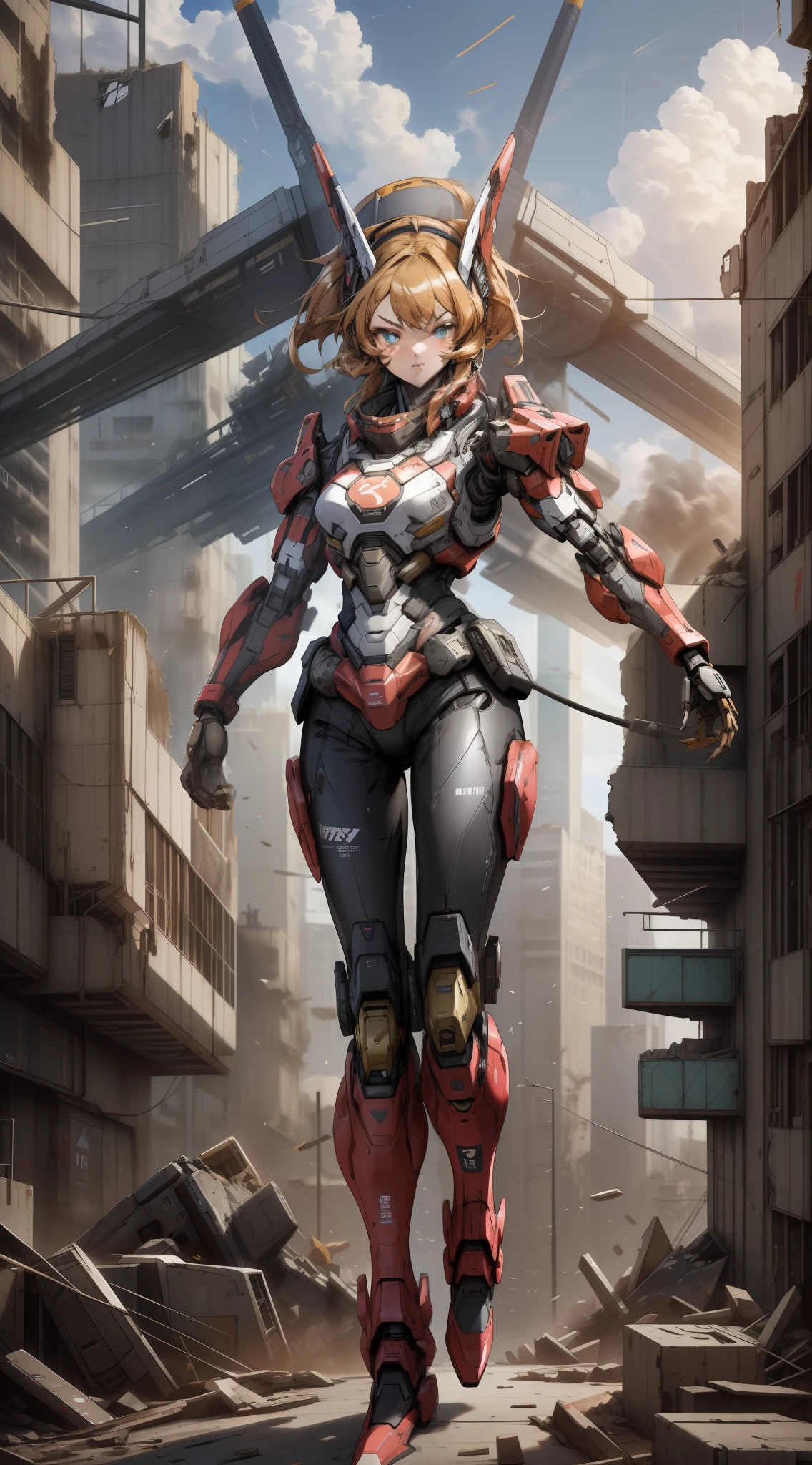 best quality, ultra high res,Mecha Anime Style Girl, Mecha Style suit, Cyberpunk Suit,Ferocious Eyes,In Futuristic City,Full Body Portrait, full-body shot,((1girl)), detailed face, detailed eyes, fit body girl style apperance, dynamic pose, (background of apocalypticCybercity destroyed city architecture)