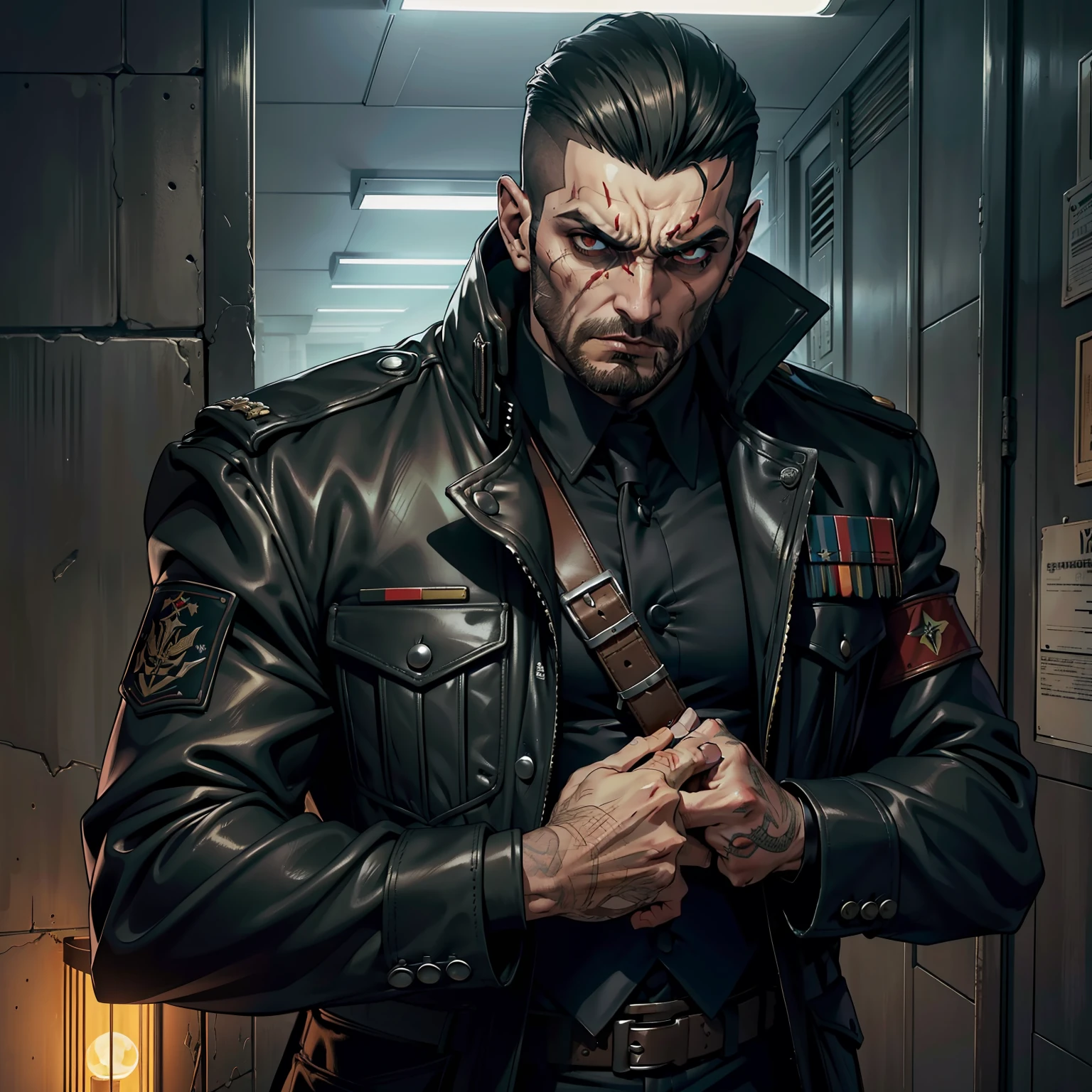 (papel de parede 8k extremamente detalhado obra-prima), Tema muito escuro, Vampire the Masquerade, terror moderno, horror moderno, current season, anos 2020, homem russo muito forte, extremamente forte, soldado mafioso ((Vampiro Hecata)), wearing military tactical clothing, foco nítido, (subsurface scatter:1.1), fotografia premiada, rosto centralizado, tiro de meio corpo frente:1.1, cabelo loiro corte militar, olhos cinzas, angry expression, segurando metralhadora dentro de carro a noite, lighting dramatic