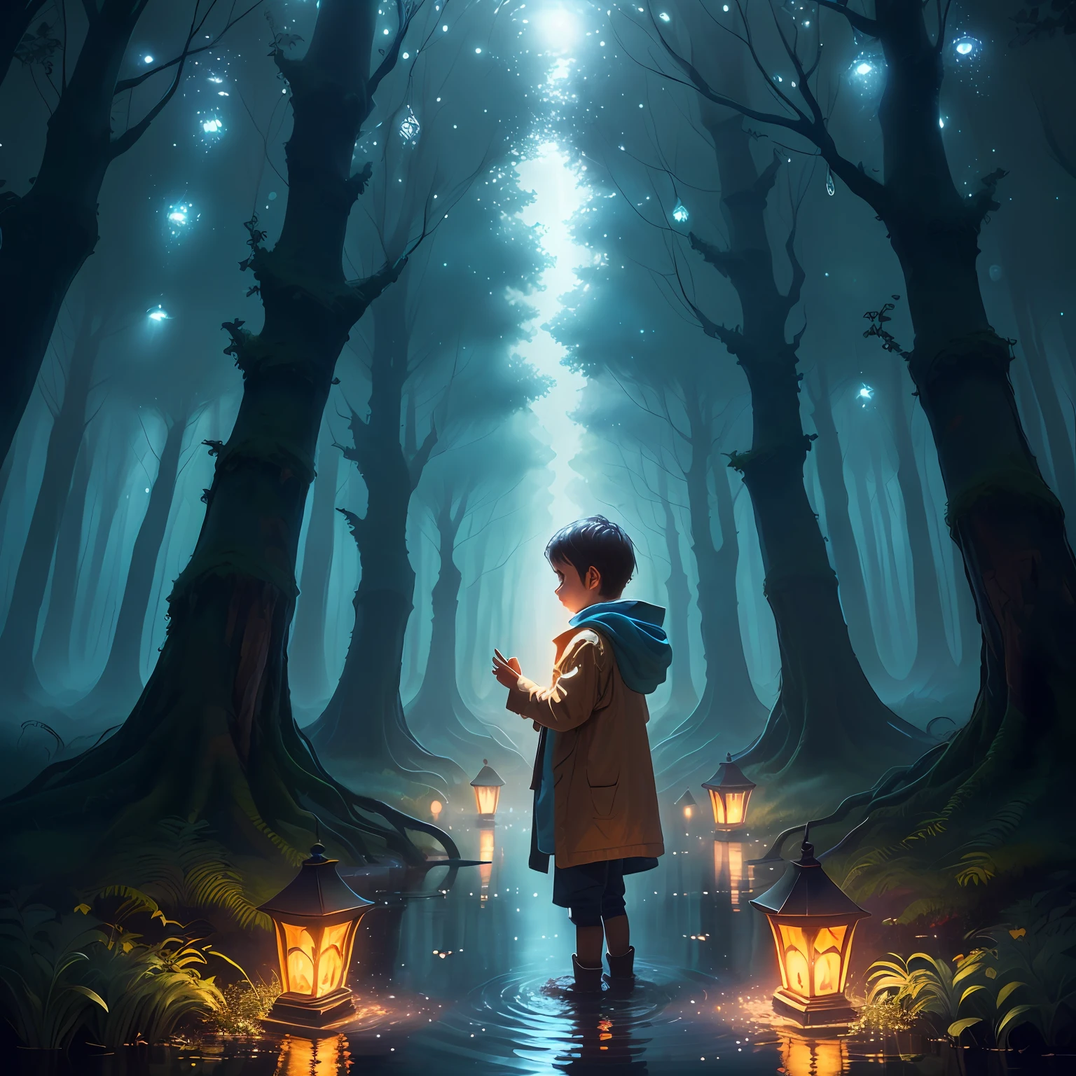 Child with enchanted forest background, many lights and water droplets