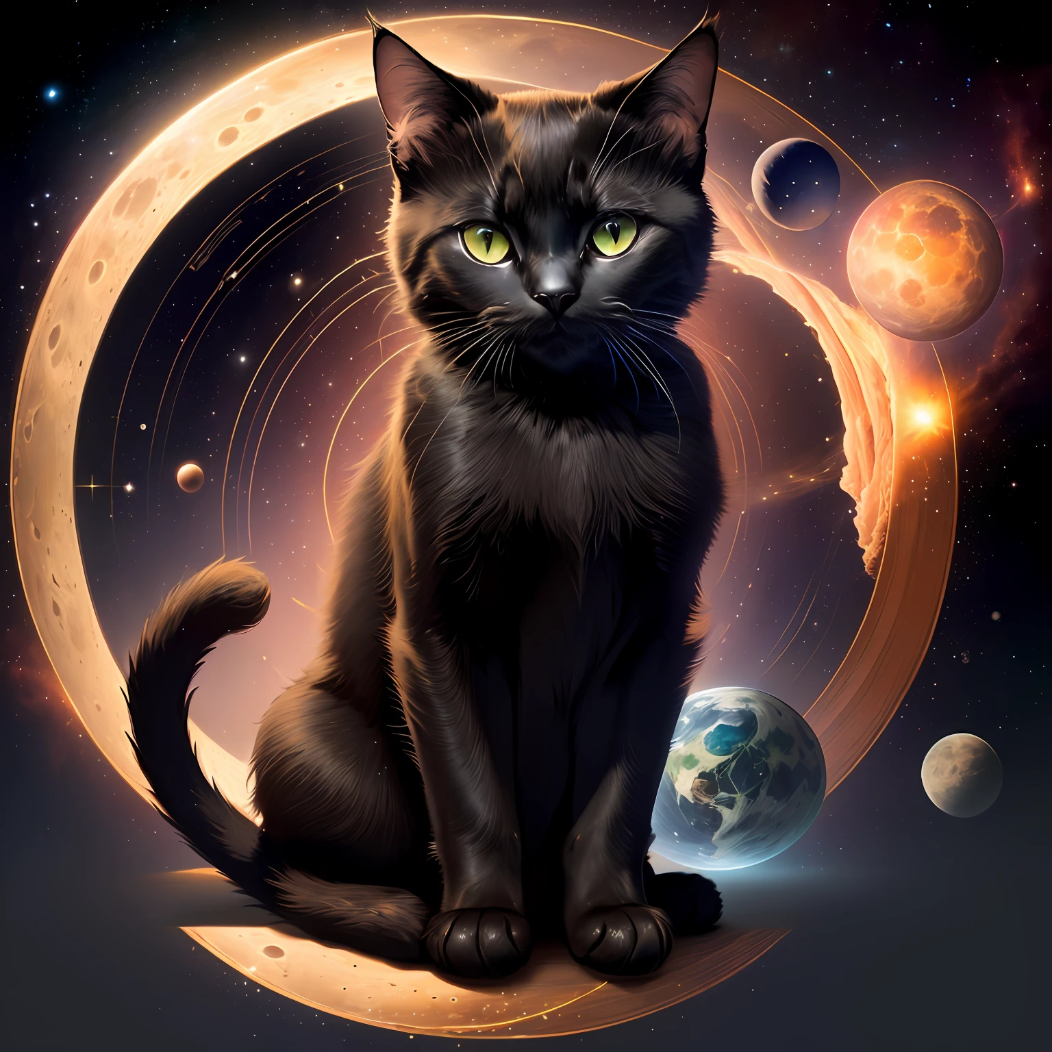 Black cat with green eyes and friendly features amid celestial bodies, ambiente celestial, estrelas, ethereal