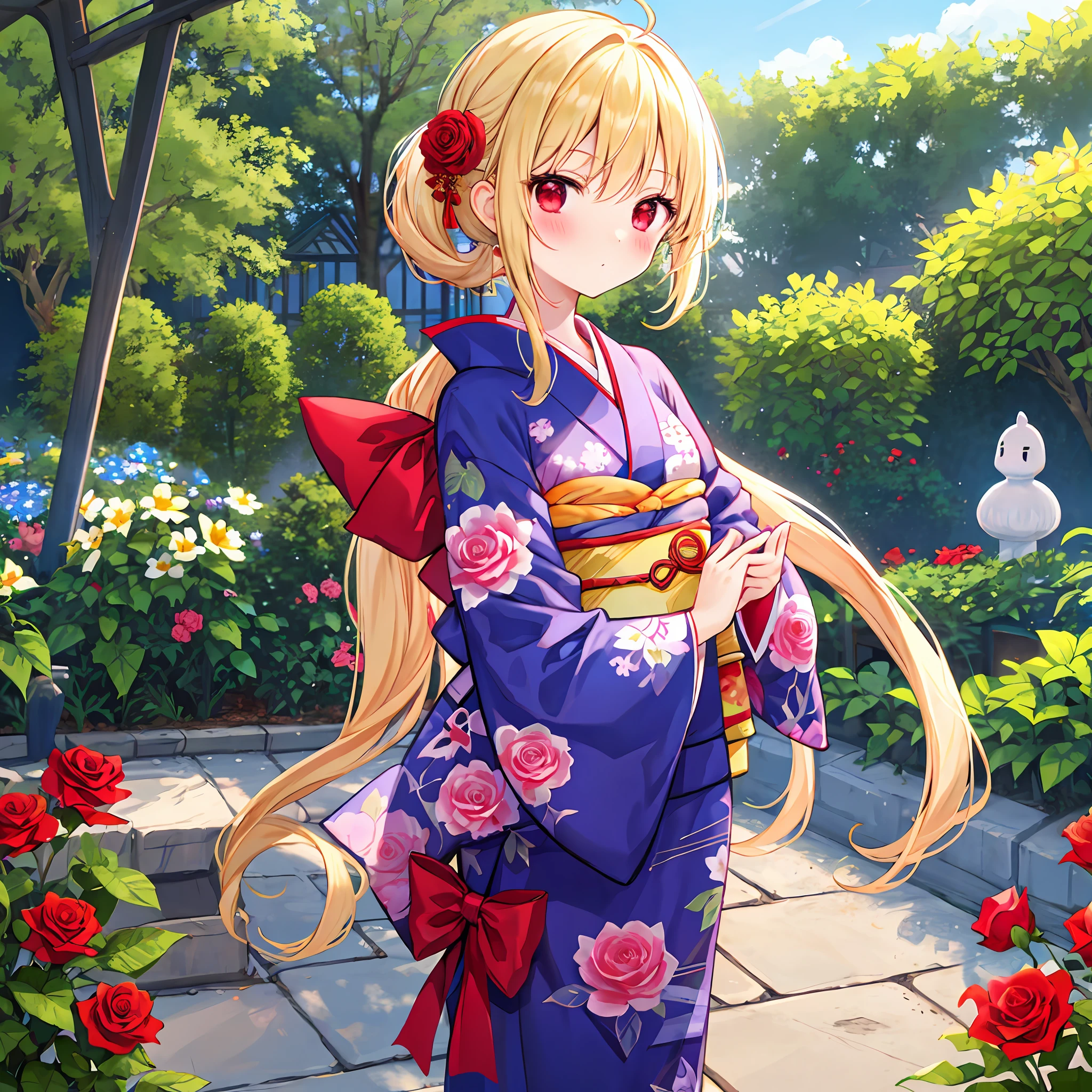 red blush、a blond、poneyTail、Red ribbons、red eyes、Beautiful girl alone、animesque、独奏、kimono、Rose Garden、flower field、lonely、