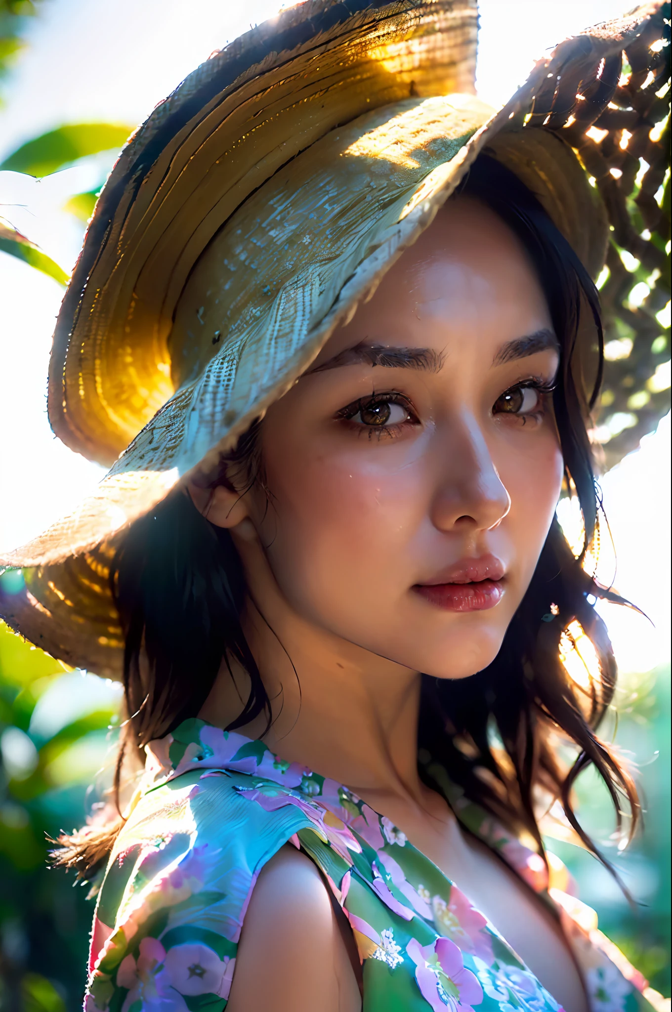 (extreme close up:1.5), (face focus:2),(Style of ???? ???:1.5),
((side face:2)),(1girl surrounded by soft_light:1.5), (backlighting:1.8), (lighting),(flowing fabric:1.3), ((Floral_summer_dress:1.5),(Straw_hat:1.3)),
(masterpiece), realistic, HDR, highly detailed, 8k, raw photo,
ambient occlusion, natural, harmonious composition, warm tones, fine art photography,