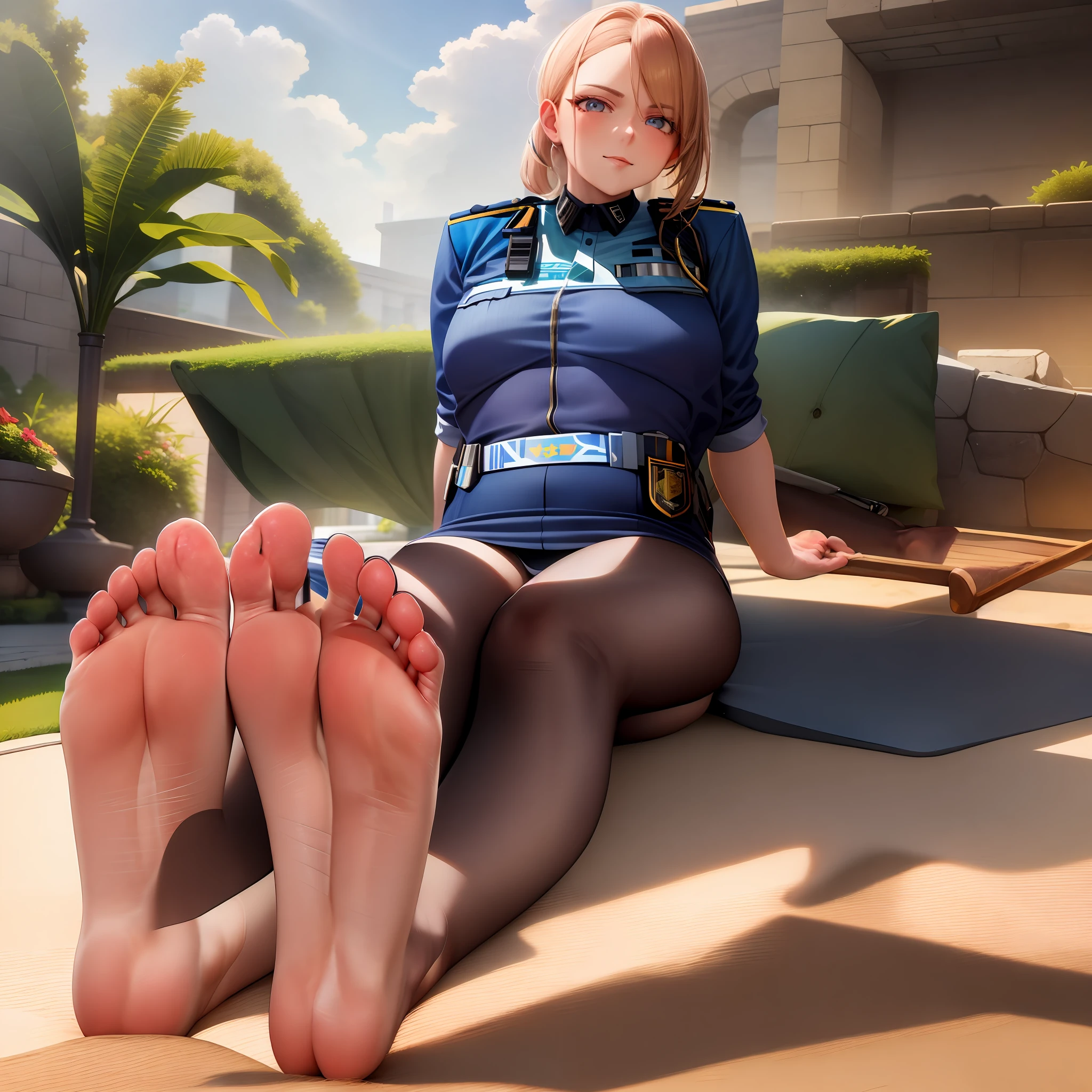 masterpiece, best quality, policewoman, sitting, feet up, soles, garden,