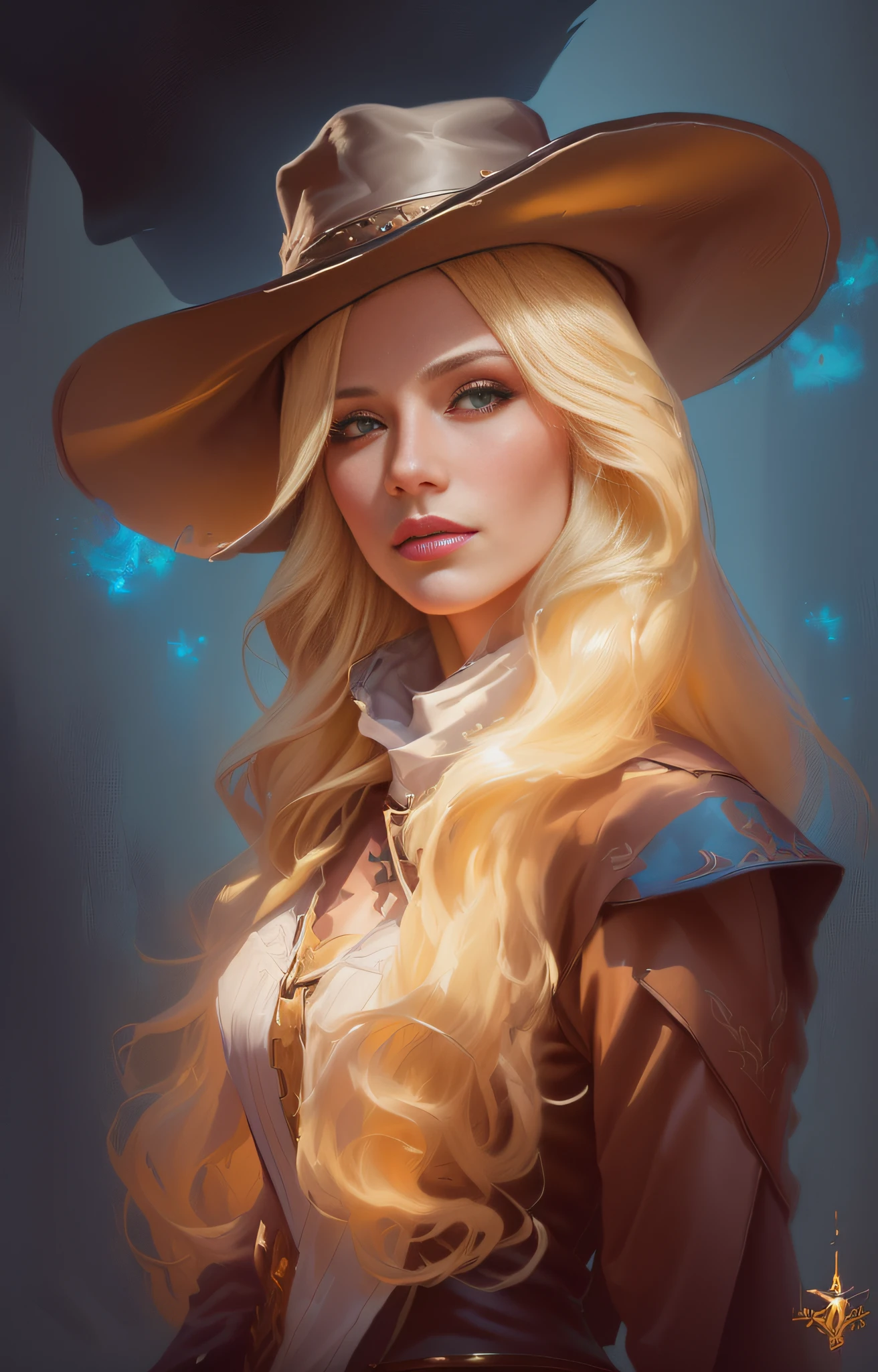 a painting of a woman with a cowboy hat and a long blond hair, beautiful cowboy witch, beautiful character painting, fantasy genre portrait, character art portrait, fantasy characture portrait, fantasy character portrait, fantasy concept art portrait, fantasy portrait art, fantasy art portrait, rpg book portrait, detailed character portrait, dnd character art portrait, character portrait art, epic portrait illustration
