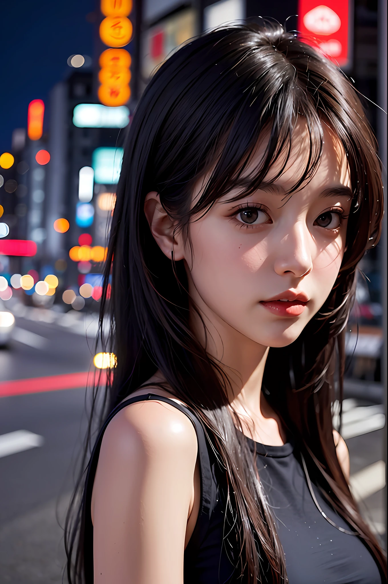 1girl, Tokyo street,night, cityscape,city lights, upper body,close-up, 8k, RAW photo, best quality, masterpiece,realistic, photo-realistic,