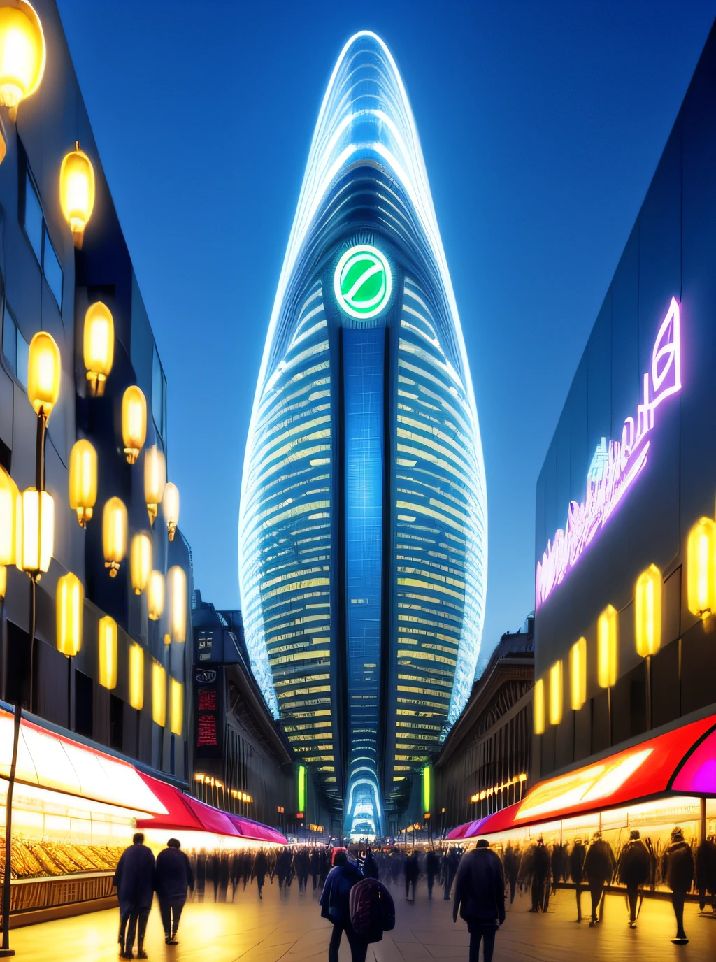 joven solitario con un pedazo de papel con texto, Surreal metropolis, Luces nocturnas, Plaza de la ciudad, Rascacielos , Chinese lamps, multitud de personas, Hiperrealismo, sosteniendo una pesa rusa, cuerpo completo, edificio futurista con el logo gigante de apple en backlight, ciudad futurista con antenas y luces nocturna