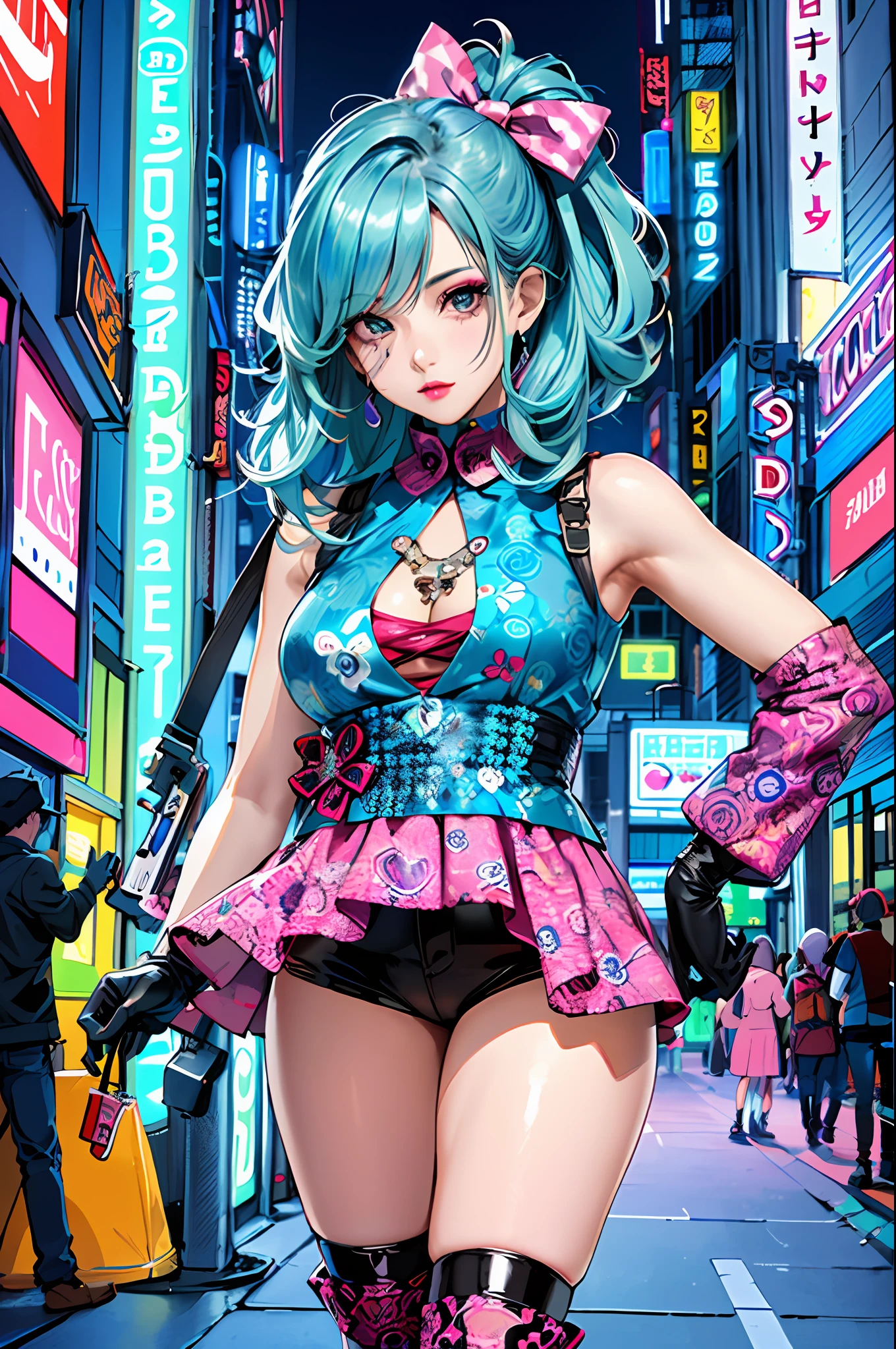 masterpiece, best quality,
1girl, looking at viewer,
Confident girl with slightly sassy expression, Harajuku-inspired pop outfit, bold colors and patterns, eye-catching accessories, trendy and innovative hairstyle, vibrant makeup, futuristic and orderly dazzling cityscape, skyscrapers, neon signs, LED lights, bright and vivid color scheme,
anime, illustration,
detailed skin texture, detailed cloth texture, beautiful detailed face, intricate details, ultra detailed,