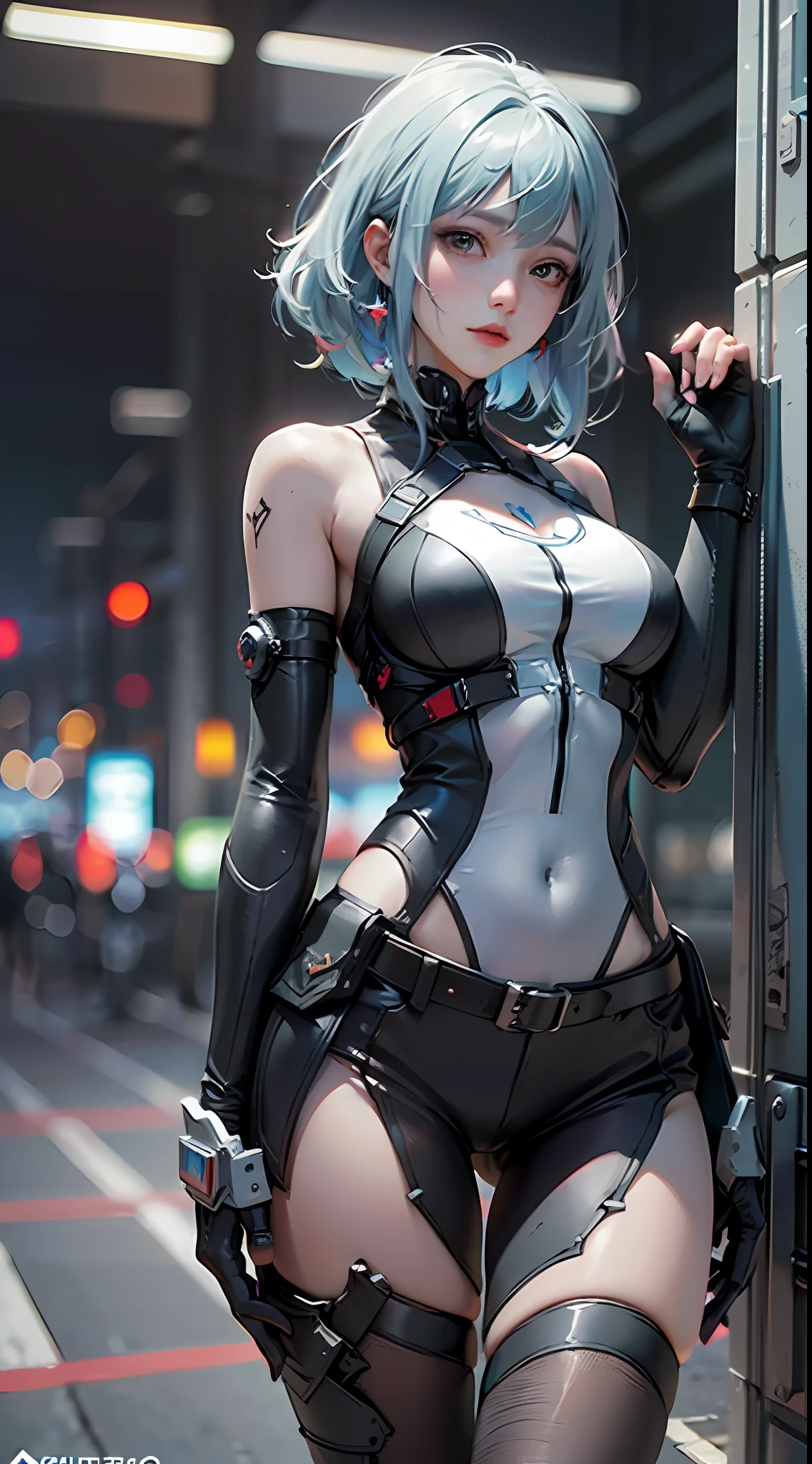 ((top-quality)), (((masterpiece)), (detaileds: 1.4), 3D, Beautiful Cyberpunk Woman Image, bob cuts, Broken black tights, leather clothes, Electromechanical, nffsw(HighDynamicRange), Ray traching, NVIDIA RTX, Hyper-Resolution, Unreal 5, Sub-surface scattering, PBR Texture, Postprocess, Anisotropy Filtering, depth of fields, Maximum sharpness and acutance, Multilayer Texture, Albedo and Highlight Maps, Surface Coloring, Accurate simulation of light-material interactions, perfectly proportions、octane renderings、two tone lighting、Large aperture、Low ISO、White Balance、thirds rule、8K Raw、masterpiece、top-quality、(8k extremely detailed CG unit wallpaper)(top-quality)、(The best illustrations)、(Best Shadows)