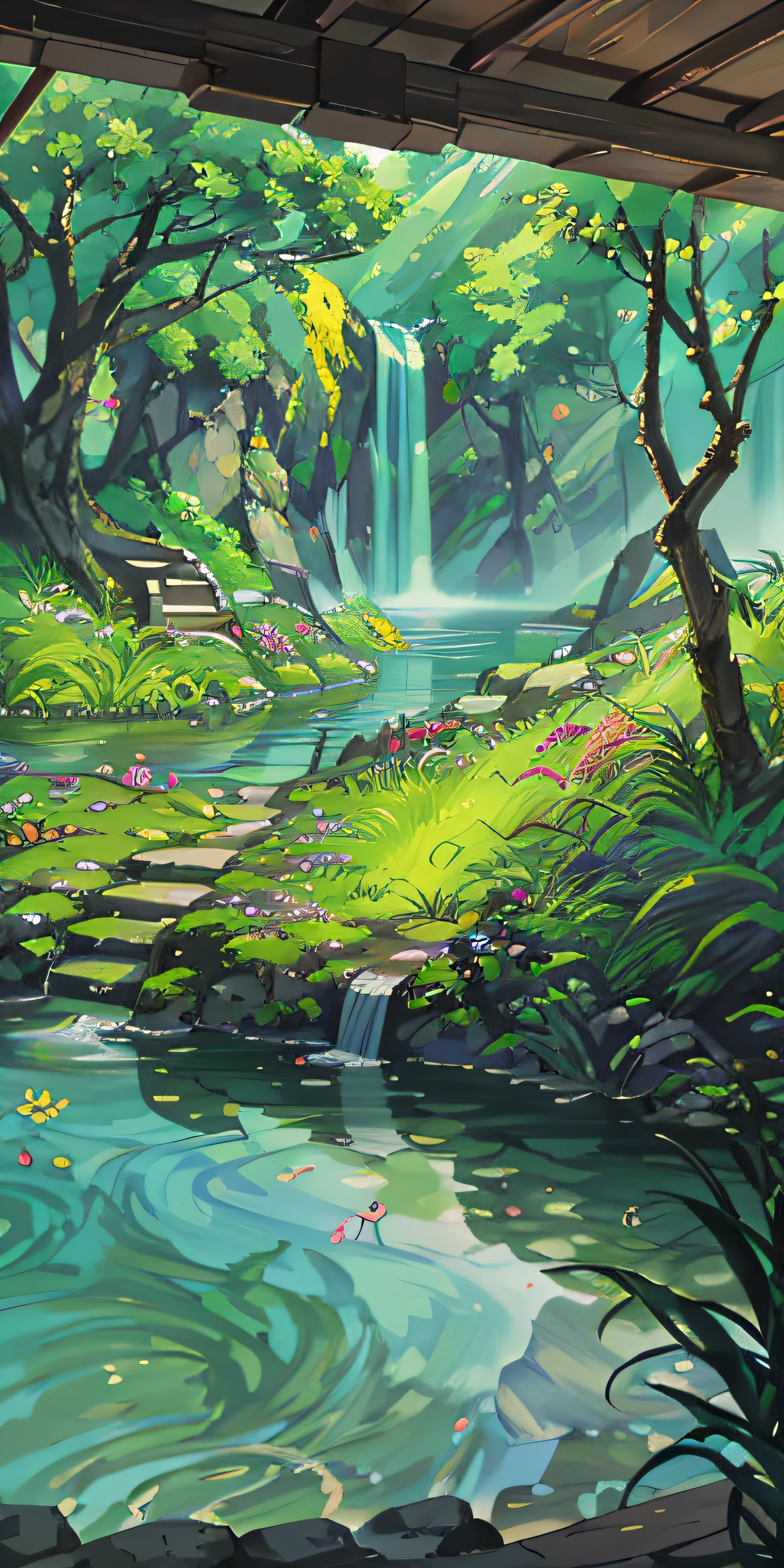 Chinese ancient times, spring, jungle, lake, cave, waterfall, tree, meadow, rock, deer, hot spring, water vapor, (illustration: 1.0), epic composition, realistic lighting, HD details, masterpiece, best quality, (very detailed CG unified 8k wallpaper)