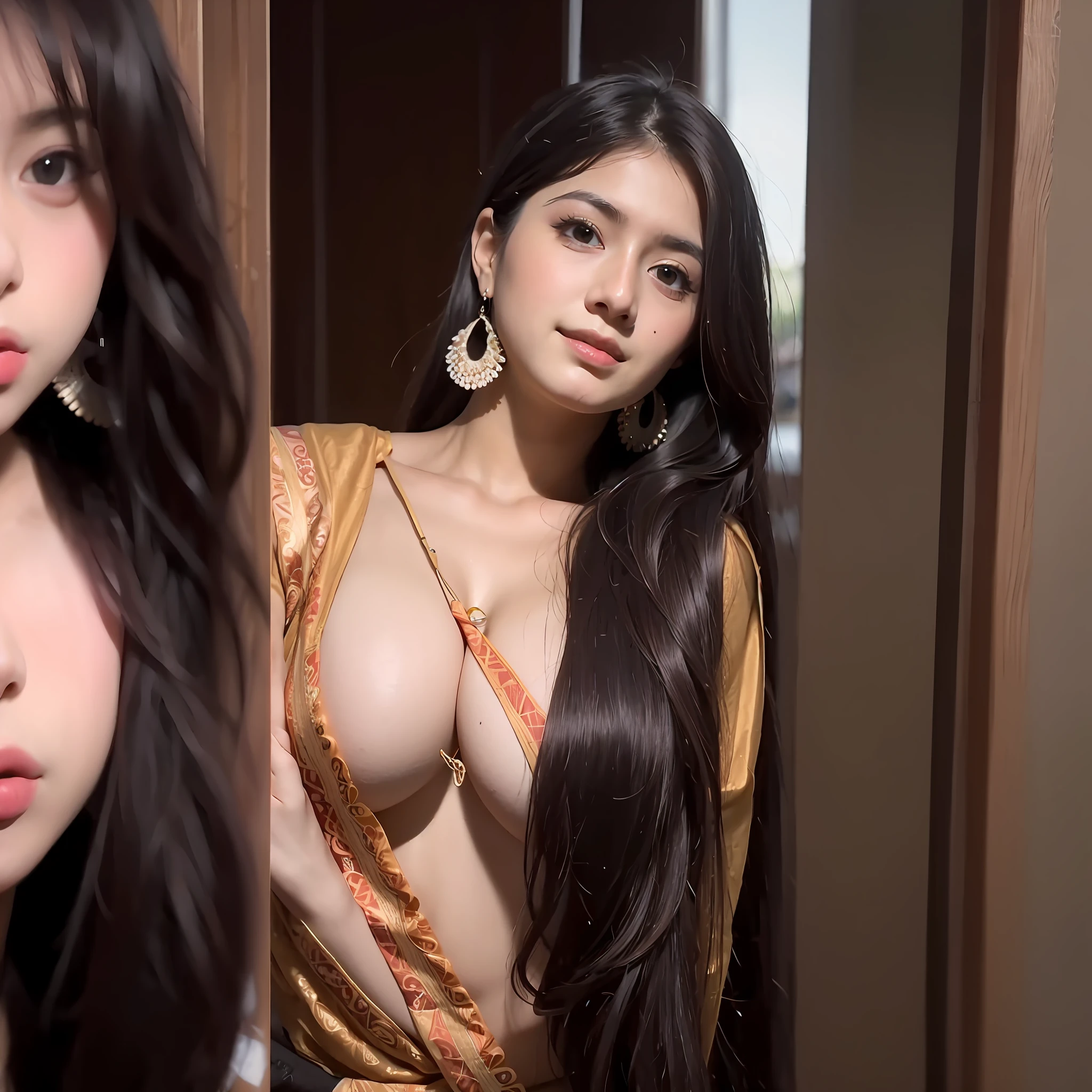 a close up of a woman wearing a sari and earrings, with lovely look, attractive girl, traditional beauty, very beautiful girl, 18 years old, very extremely beautiful, attractive and beautiful, cute beautiful, very attractive and beautiful, indian, with accurate face, she is about 2 0 years old, she is about 20 years old, elegant look, attractive, Realistic Face, Ultra Realistic Face, 8k, Bigg Boobs, Nipple, Show Boobs, Big Boobs