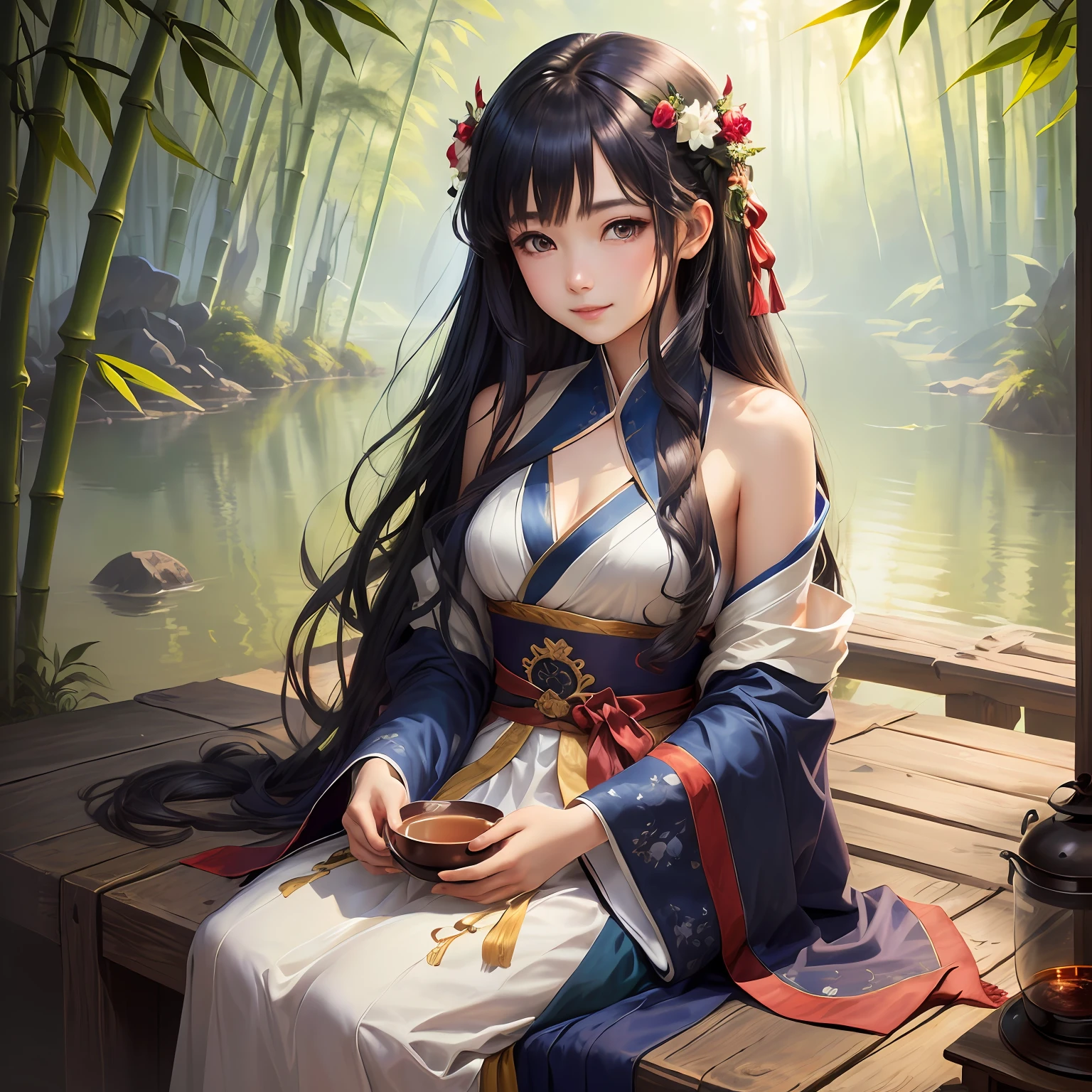 masterpiece, best quality, official art, 8k wallpaper, highly detailed, illustration, 1 girl, Azure hair, long hair, detailed eyes, forrest, bare shoulders, hanfu,lakes, pure, soft smile,bamboo,Tea
