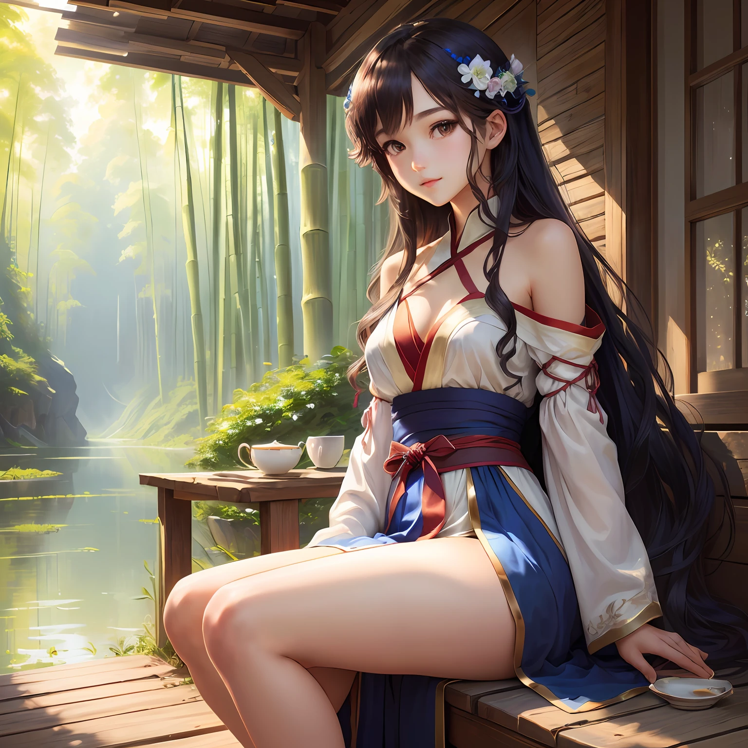 masterpiece, best quality, official art, 8k wallpaper, highly detailed, illustration, 1 girl, Azure hair, long hair, detailed eyes, forrest, bare shoulders, hanfu,lakes, pure, soft smile,bamboo,Tea