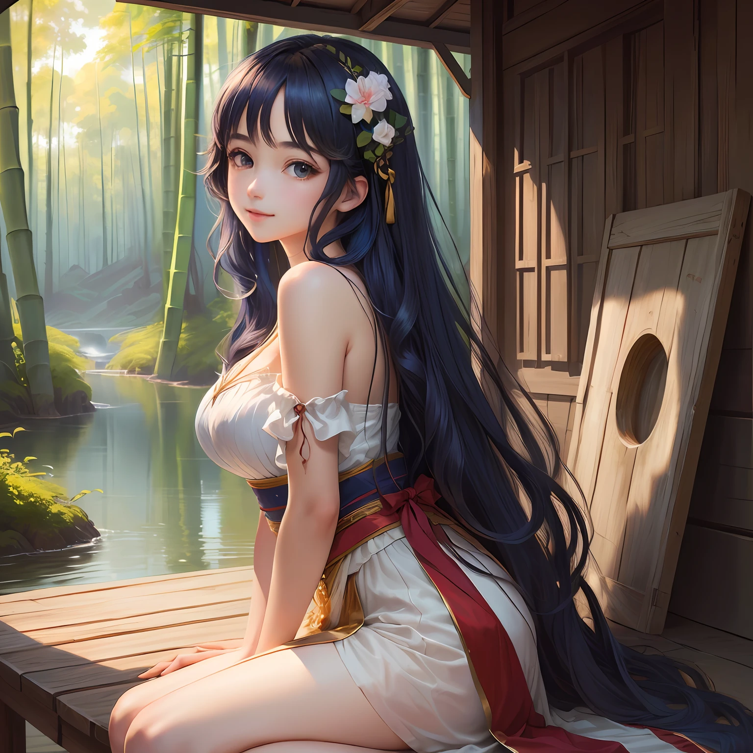 masterpiece, best quality, official art, 8k wallpaper, highly detailed, illustration, 1 girl, Azure hair, long hair, detailed eyes, forrest, bare shoulders, hanfu,lakes, pure, soft smile,bamboo,Tea