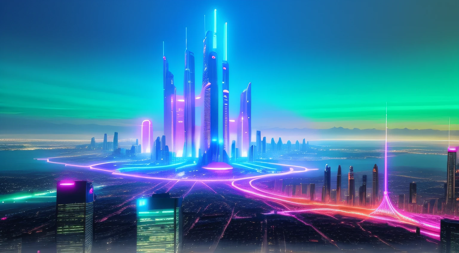 establishing shot of futuristic city by night, with neon lights