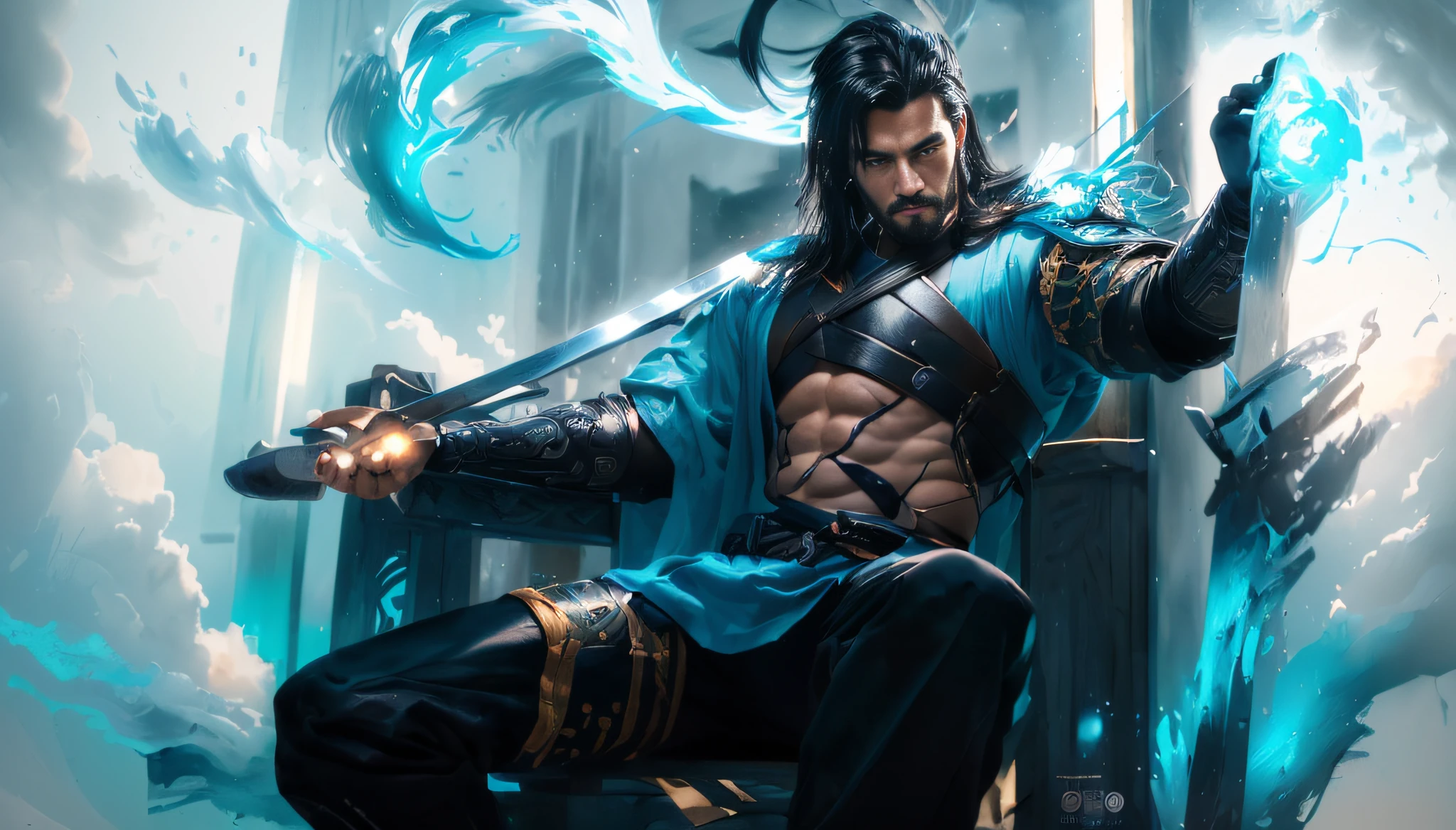 Yasuo pintado, corpo inteiro, Samurai, espadachim, Senhor do Vento, flowing black hair, Macho, maduro, Handsome, parte superior do corpo, flowy robe, musculoso, olhos penetrantes, Japan Bakkground, Grego, Rosto detalhado, fantasia, intrincado, elegante, altamente detalhado, pintura digital, art-station, arte conceitual, liso, 8k, HDR, master part, fotografia, fotorrealista, Detailed illustration little man, cores tetradicas pastel, Arte vetorial 3D, bonito e peculiar, arte de fantasia, efeito aquarela, Bokeh, Adobe Illustrator, hand-drawn, pintura digital, baixo-poli, soft lighting, scenic view, isometric style, retro aesthetics, focado no personagem, 4k resolution, Photorealistic rendering, usando o Cinema 4D