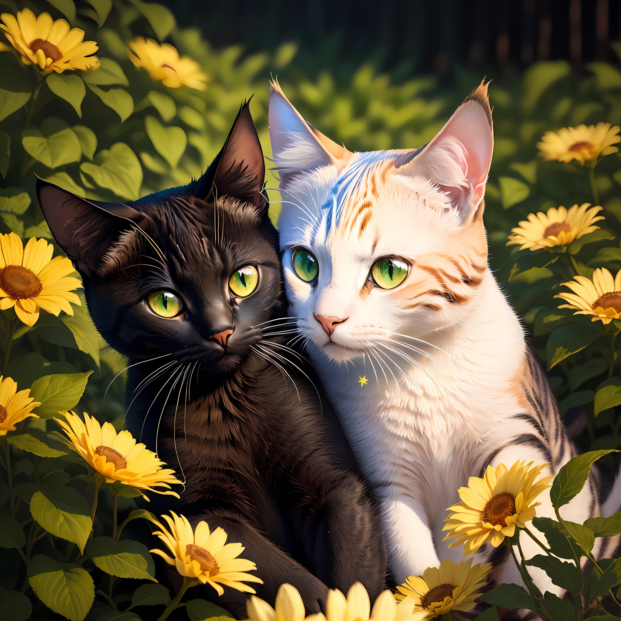 Gato preto de olhos verdes com flores de cerejeira e estrelas